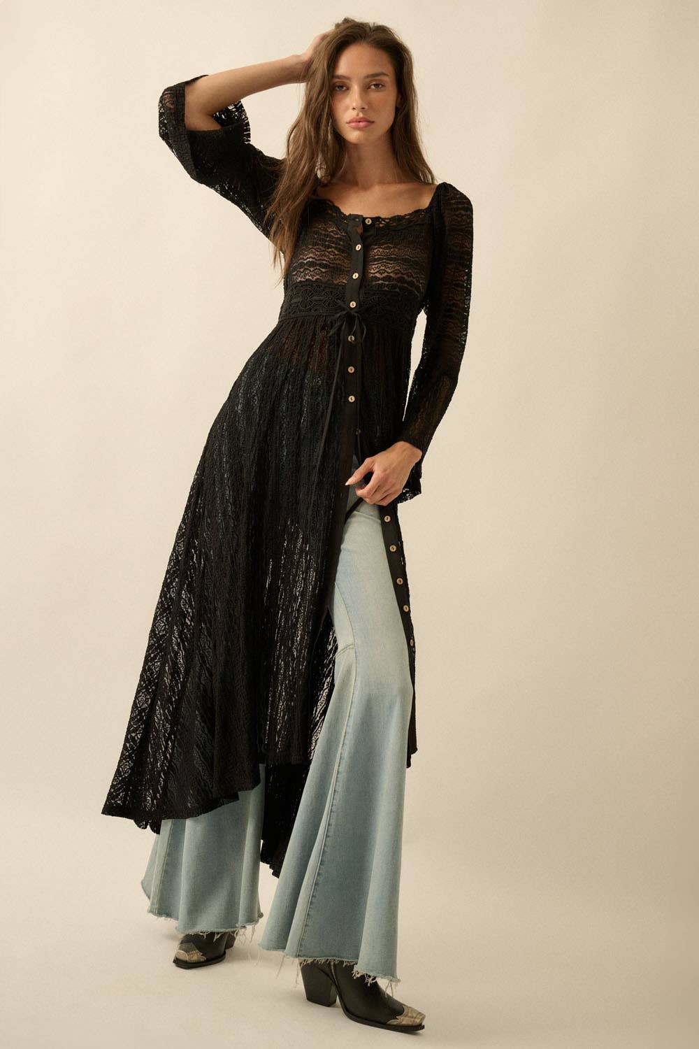 Sheer Striped Lace Button- Up Layering Midi Dress