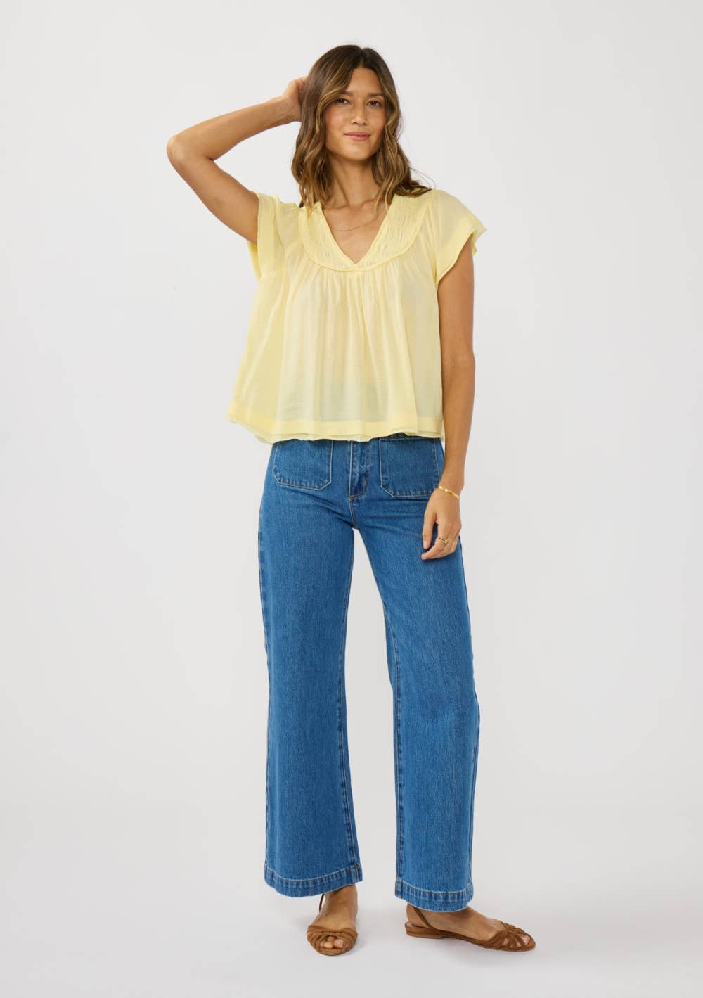 V-Neck Flutter Sleeve Smocked Yoke Top