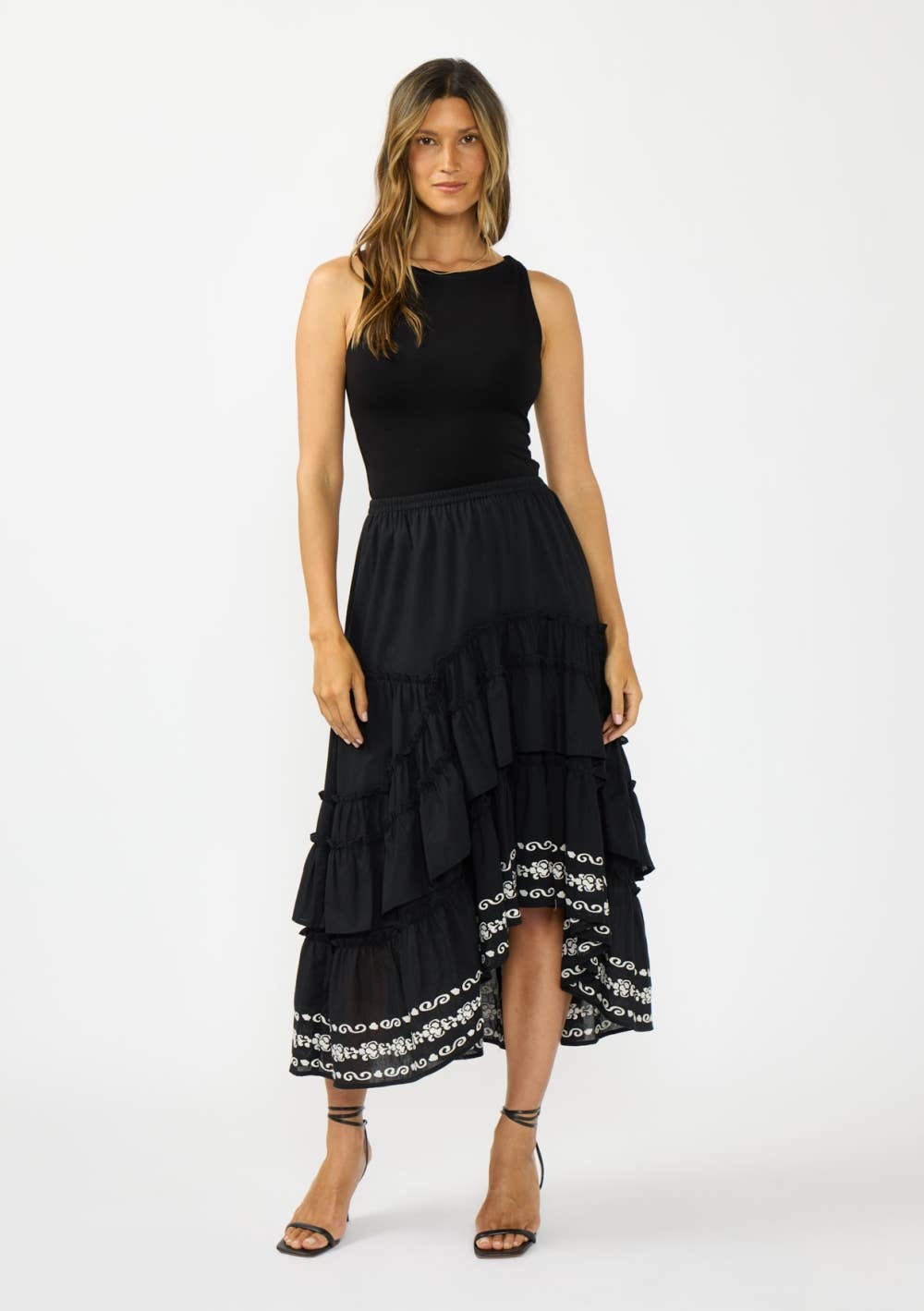 Hi-Lo Tiered Ruffle Maxi Skirt with Border Embroidery
