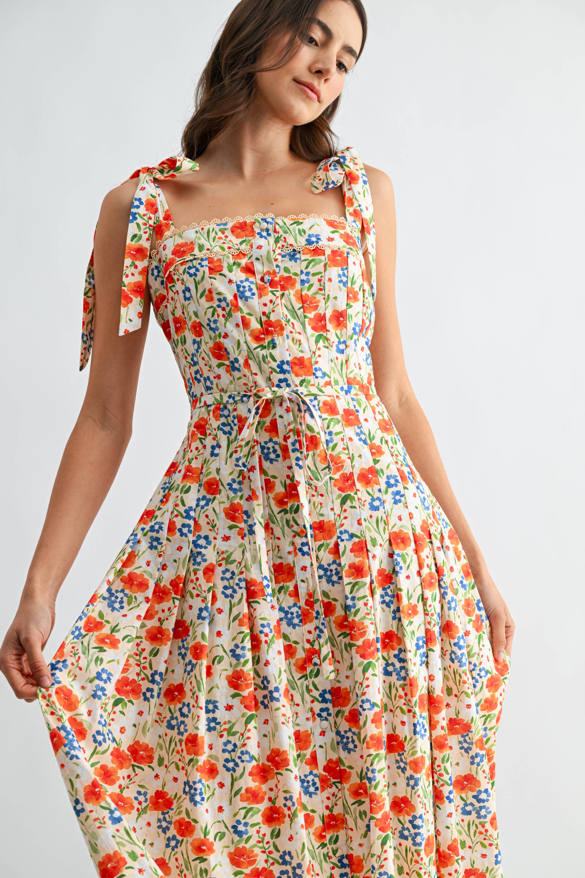 Floral Print Tie-Shoulder Belted Midi Dress