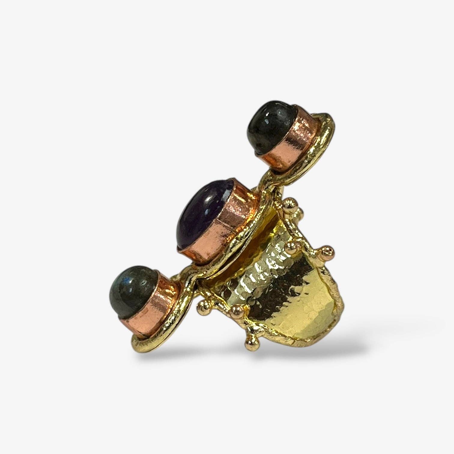 Aurora Luxe Gemstone Ring featuring three polished stones set on a textured gold and copper band design