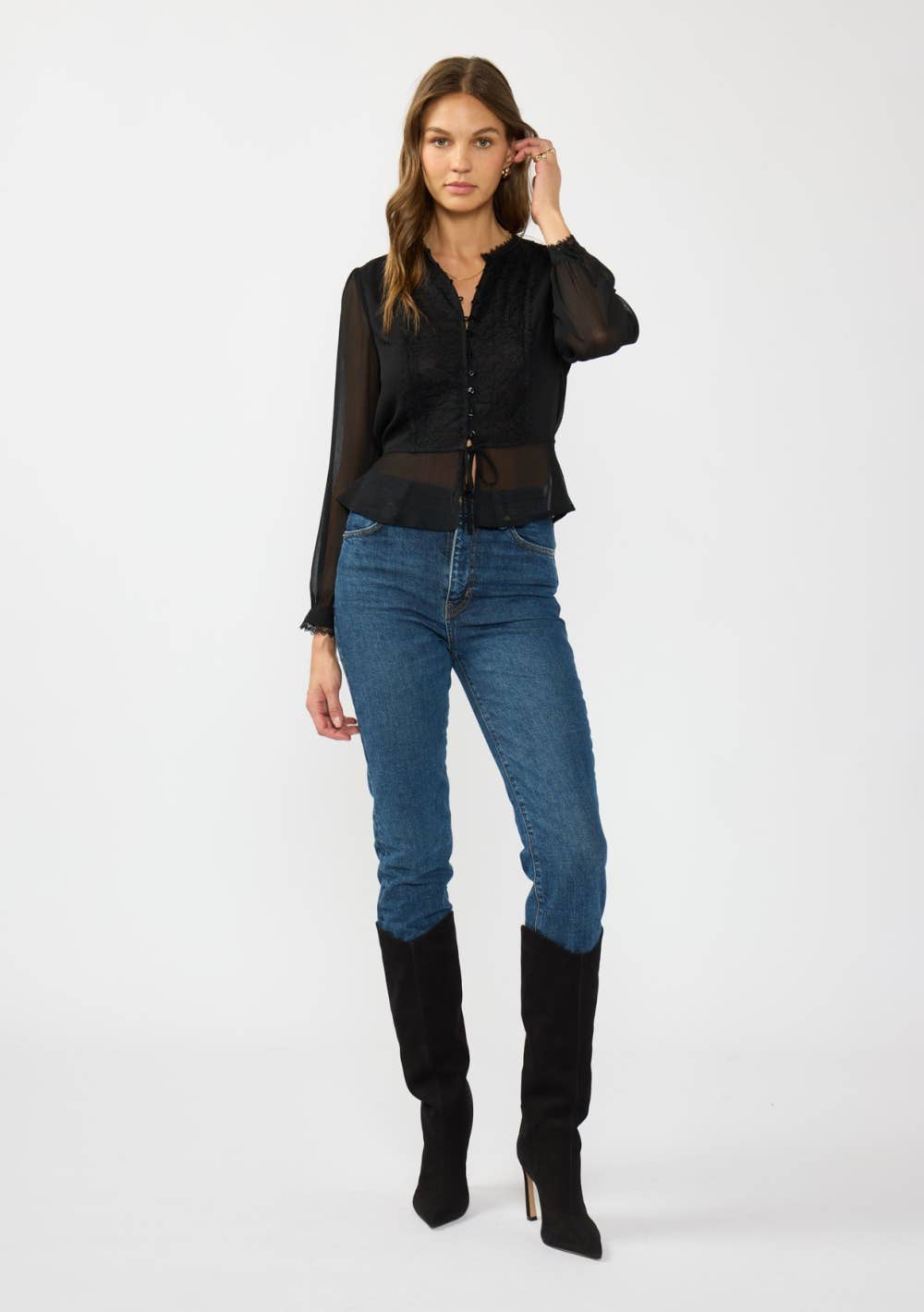 Long Sleeve Button Down Drawcord Blouse with Lace Accent