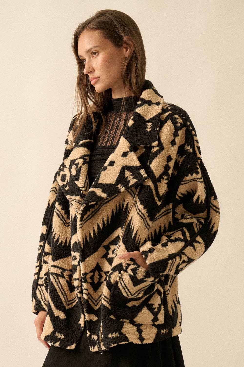 Geometric-Print Sherpa Fleece Lapel Pocket Jacket