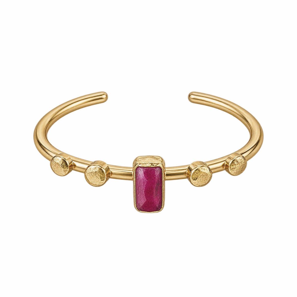 Harem Ruby Bangle with a gold tone open design and polished ruby red center stone