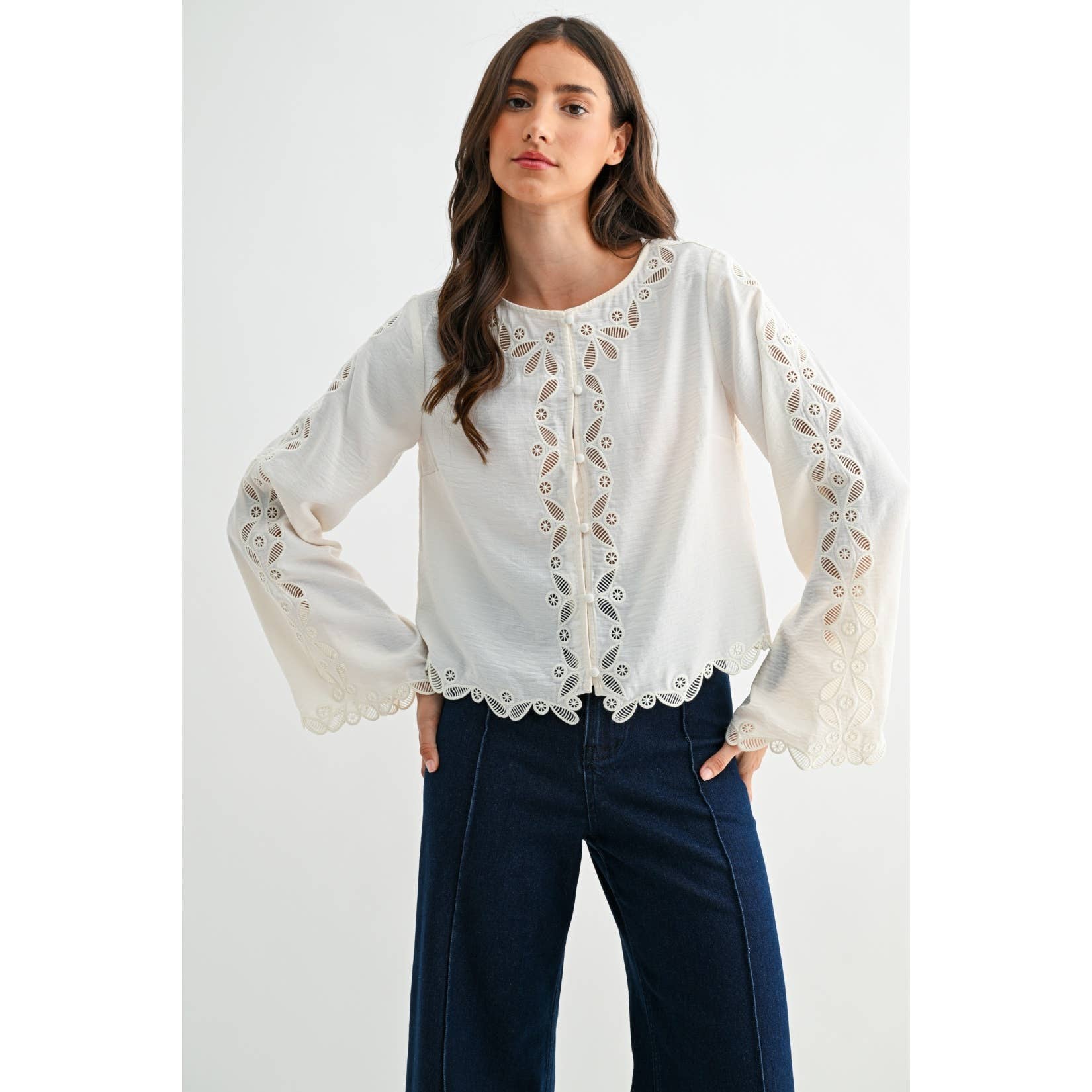 IVORY SCALLOPED EMBROIDERED LACE BUTTON BLOUSE