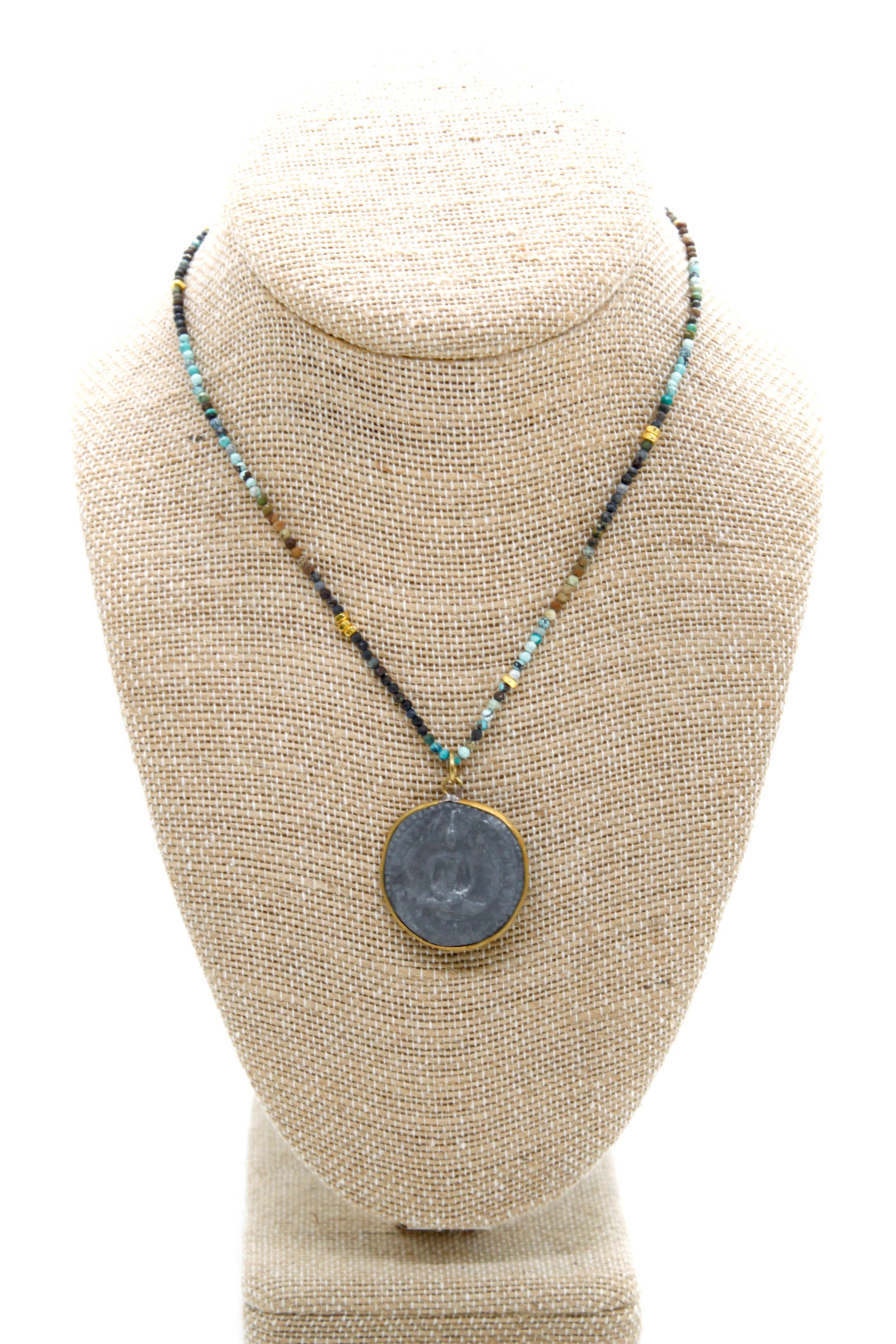 Buddha Necklace 43 - Gradient Turquoise featuring a beaded design with turquoise and gold accents on a pendant display bust.