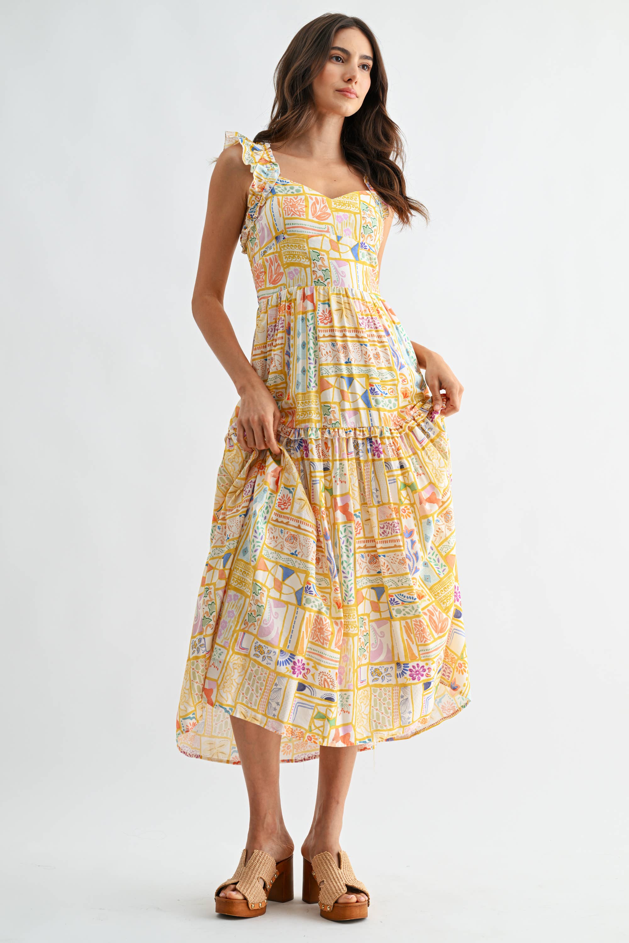 Patchwork Print Ruffle Strap Midi Dress