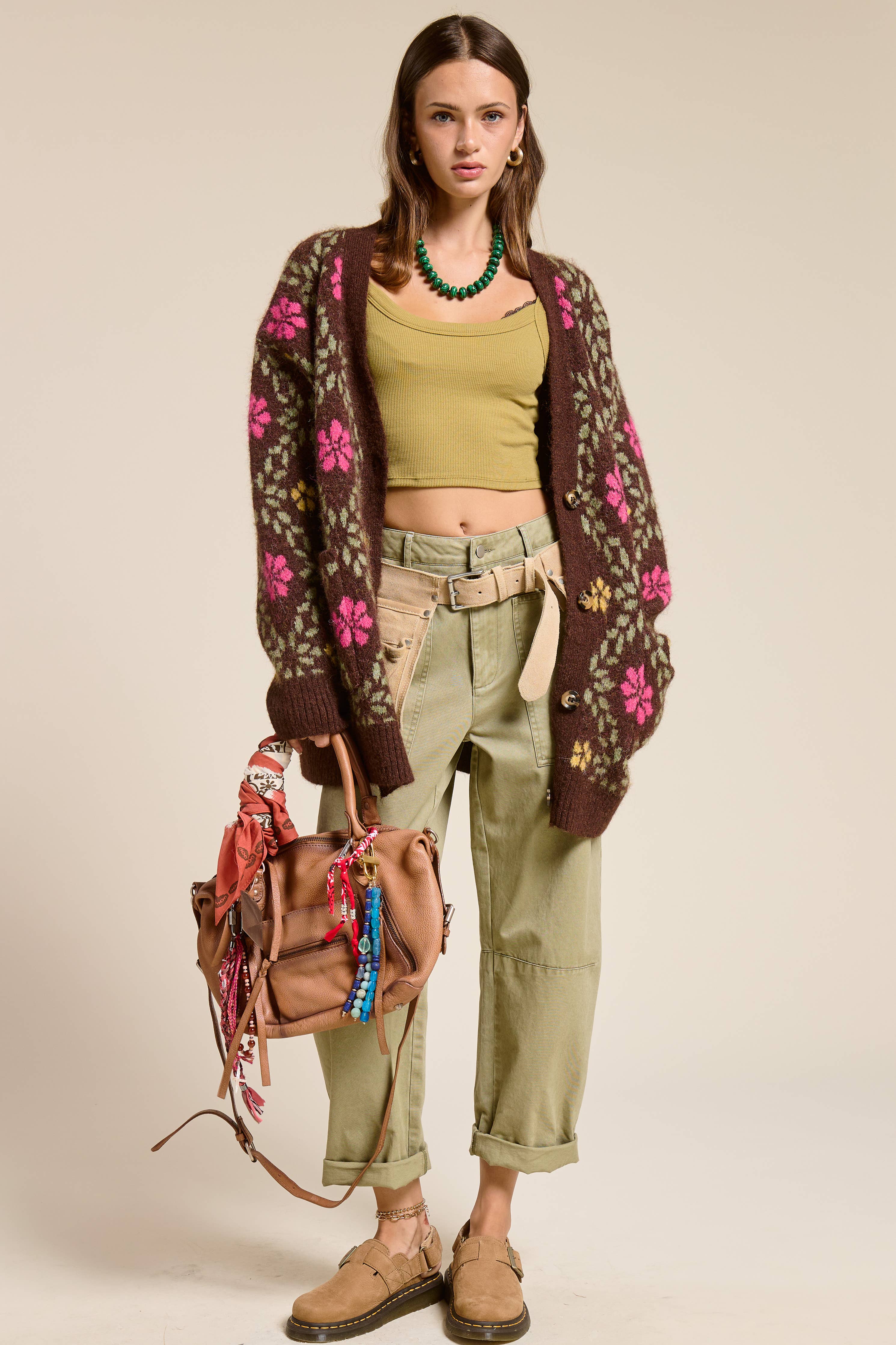 Retro Floral Print Fuzzy Knit Cardigan