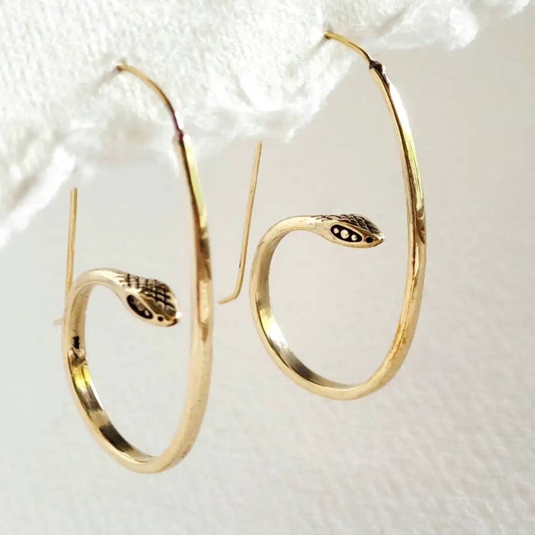 Brass snake serpent hoop earrings small handcrafted