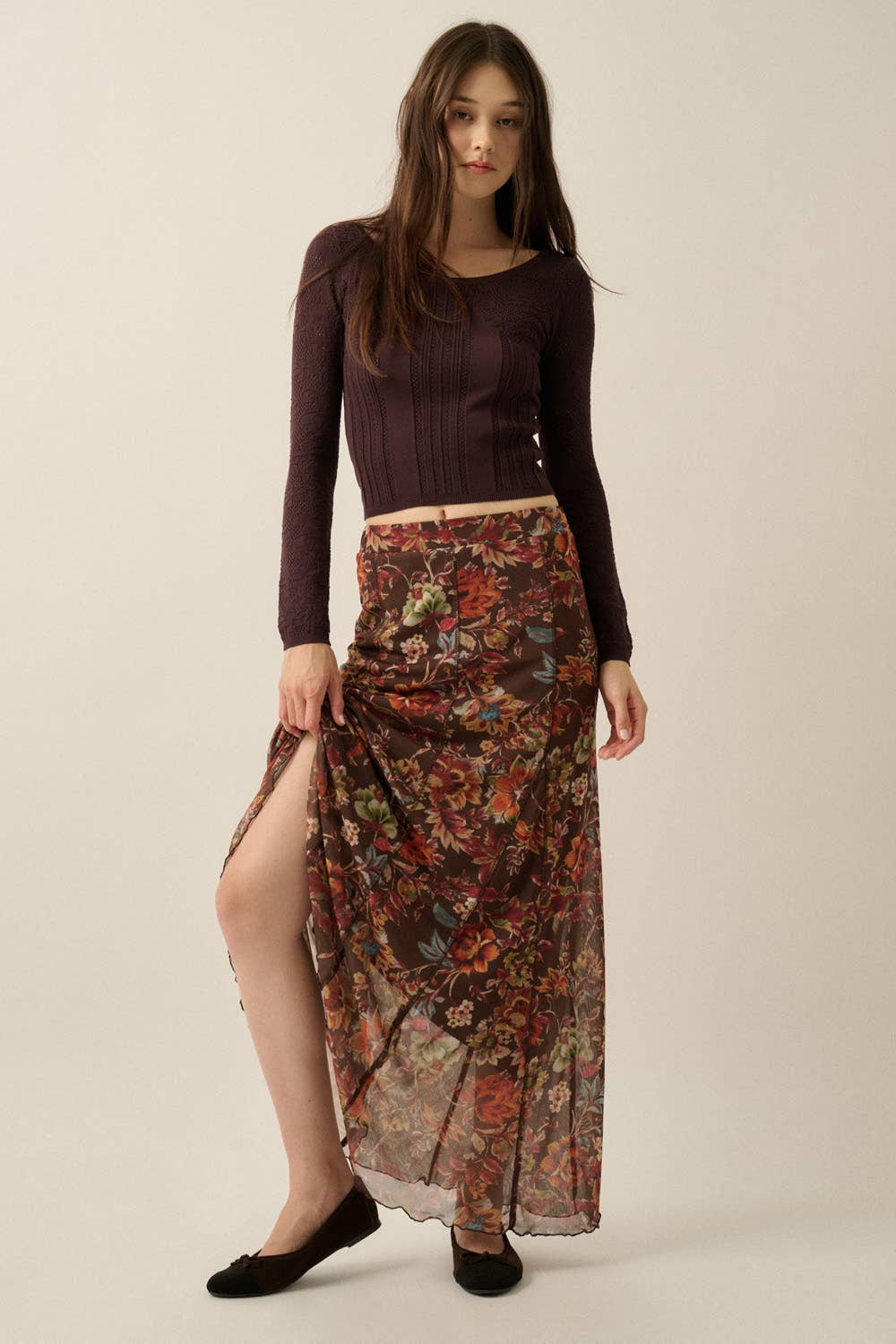 Floral Pointelle and Ribbed Knit Fitted Long-Sleeve Top