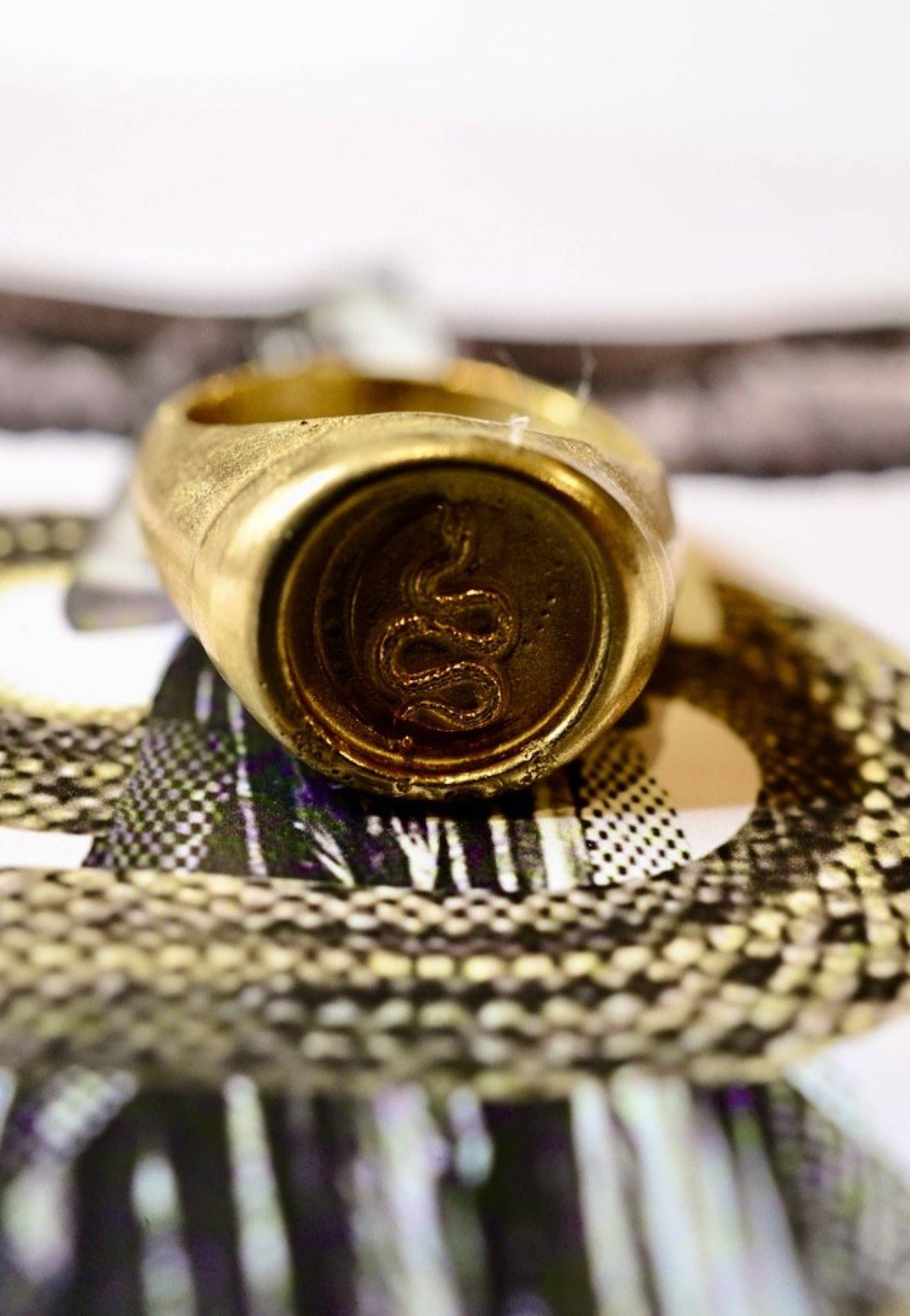 Nocturne Bronze Signet Ring with Etched Crescent and Snake