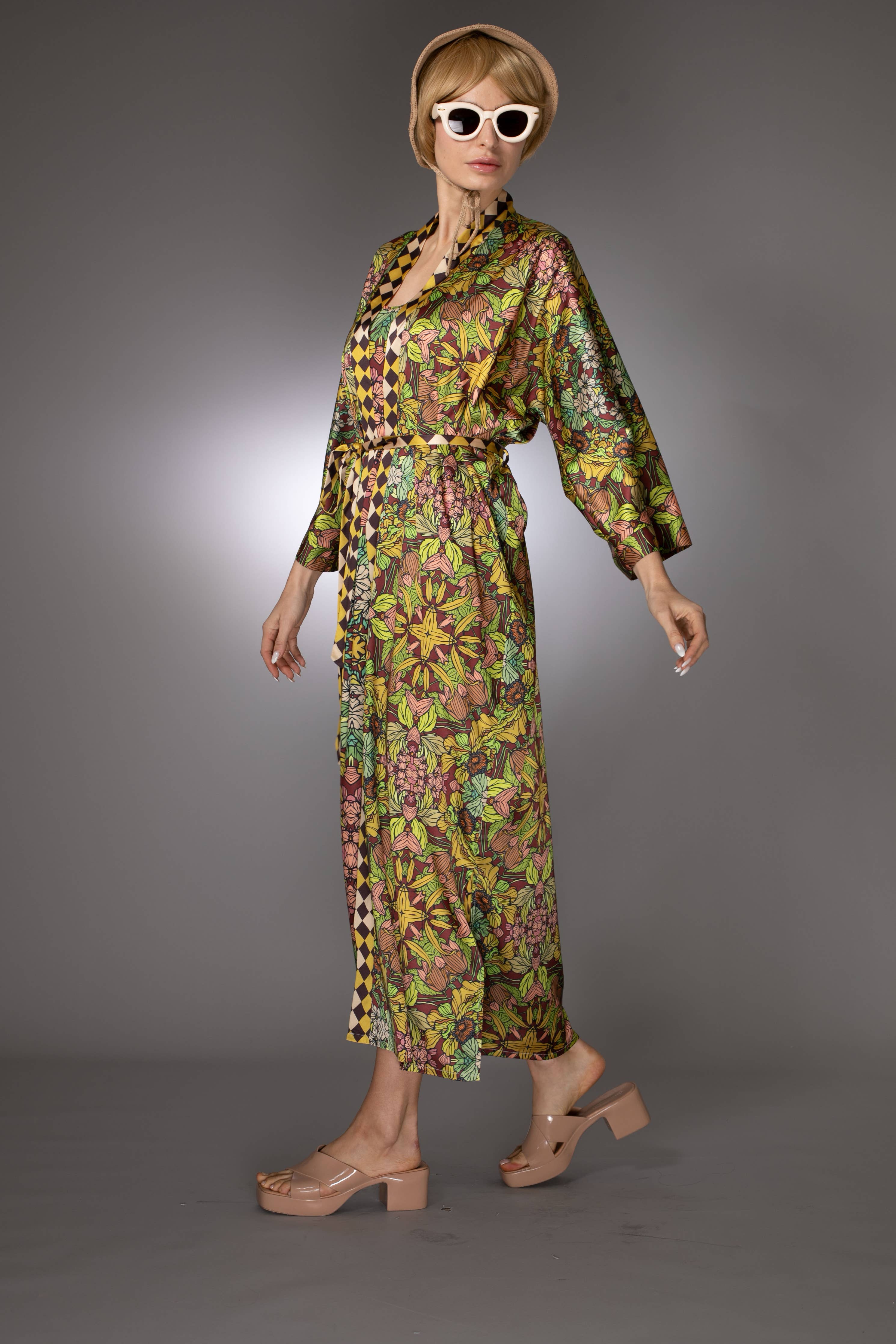 Brown Golden Duchess Floral Satin Kimono