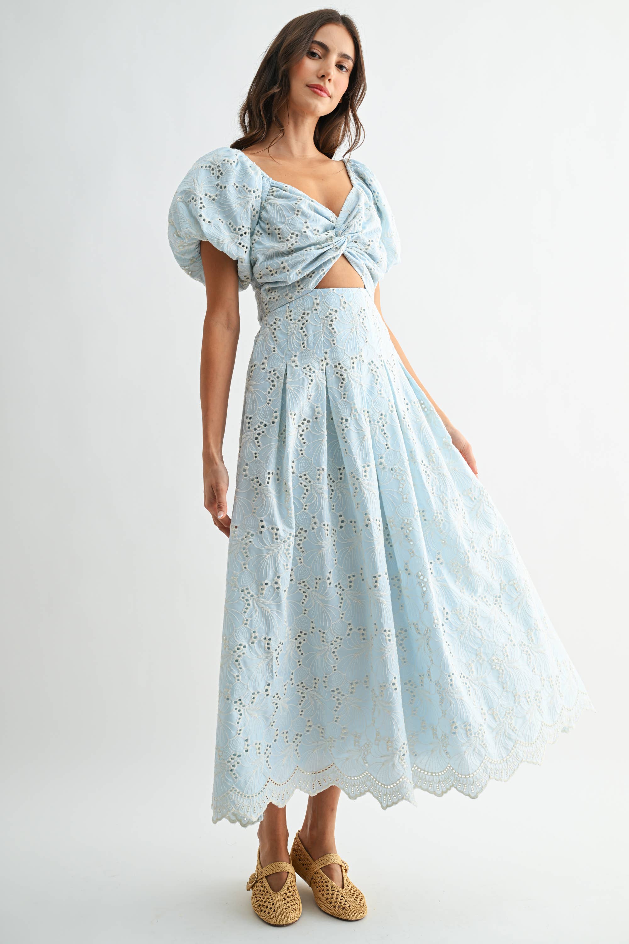 Eyelet Puff Sleeve Maxi Dress with Twist Front