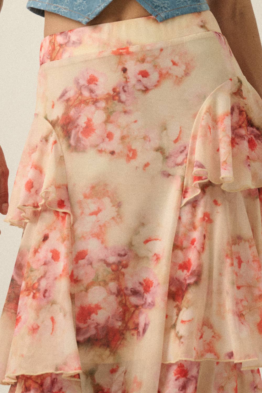 Floral-Print Chiffon Tiered Side-Ruffle Maxi Skirt