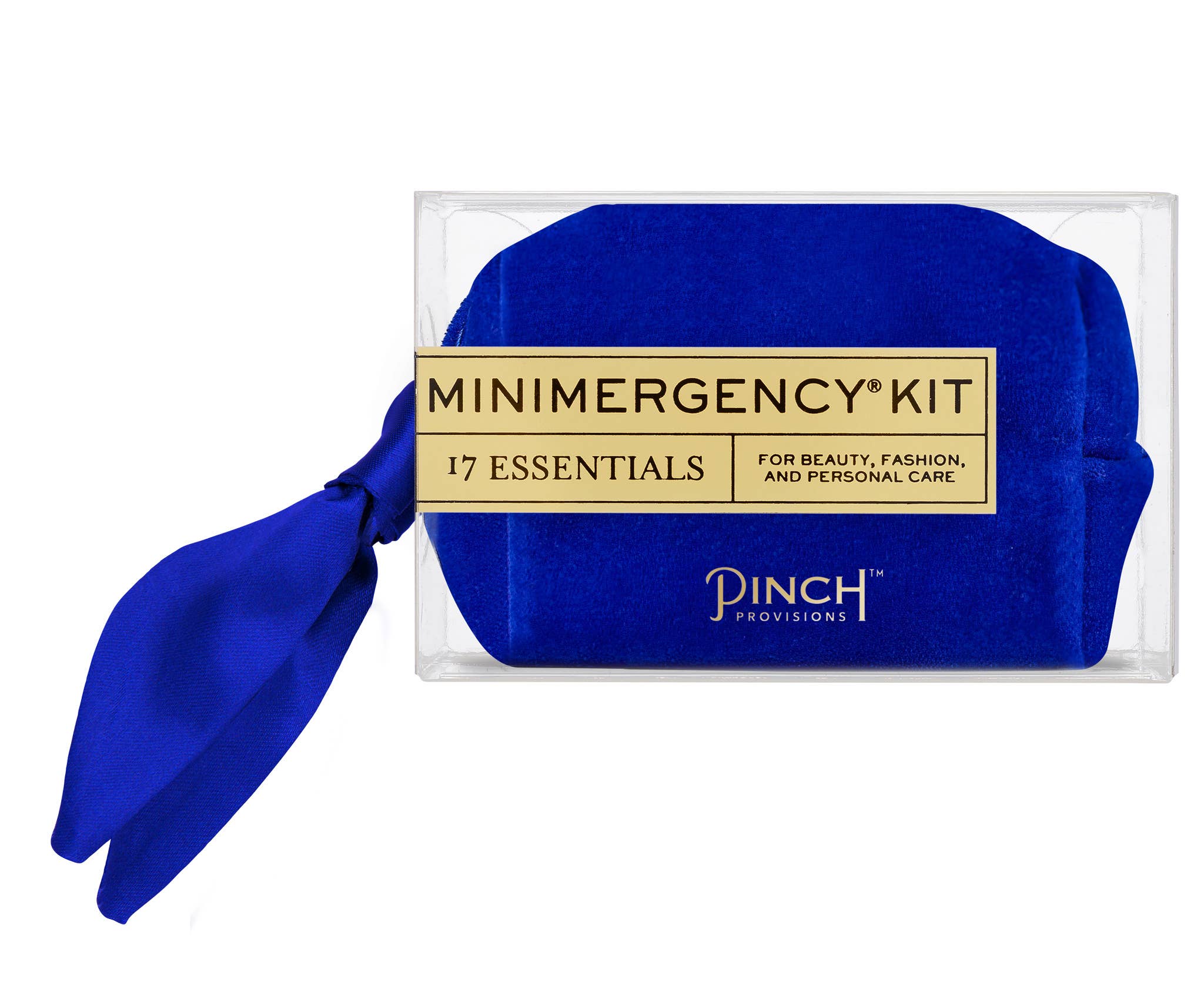 Velvet Scarf Minimergency Kit featuring royal blue velvet pouch with matching scarf and 17 beauty essentials inside