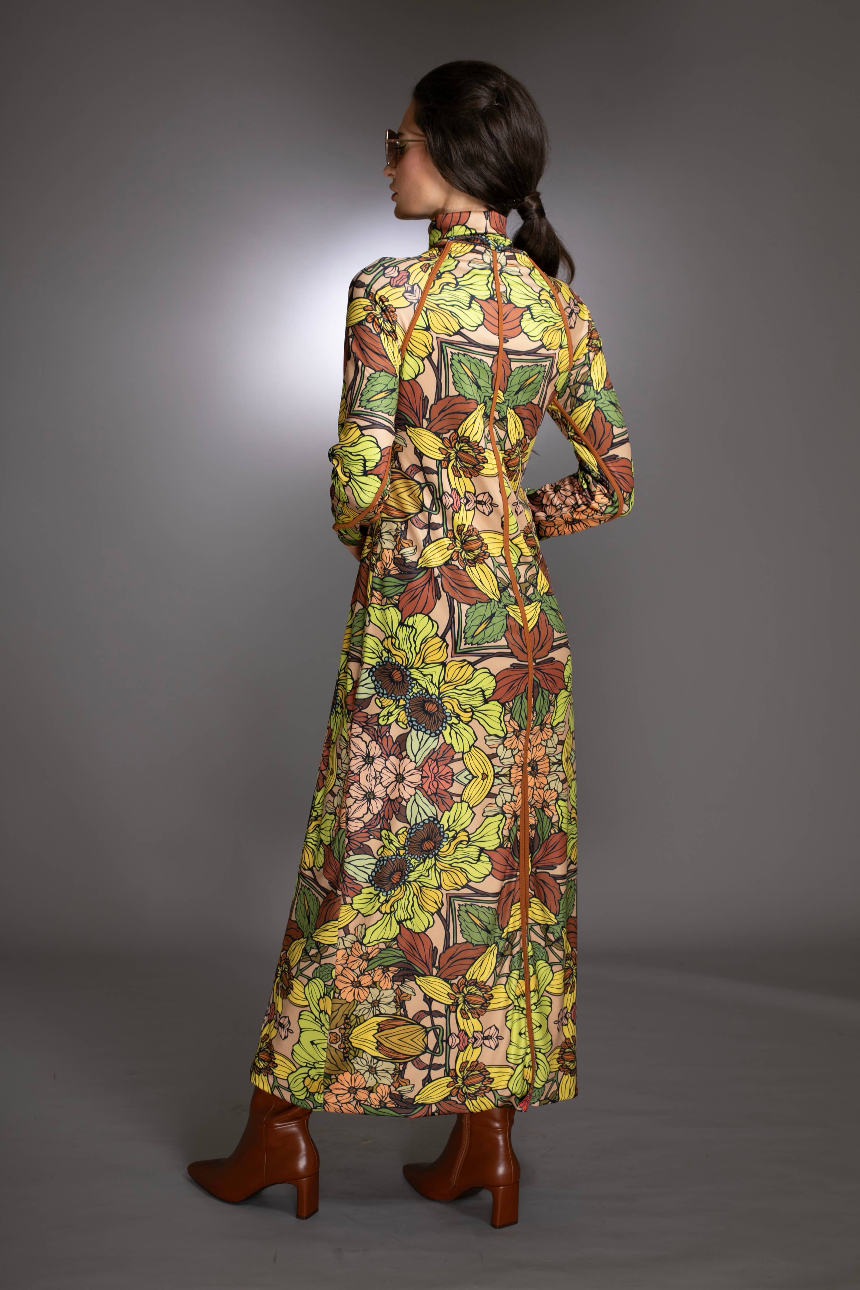 Golden Floral Long Sleeve Turtleneck Maxi Sweater Dress