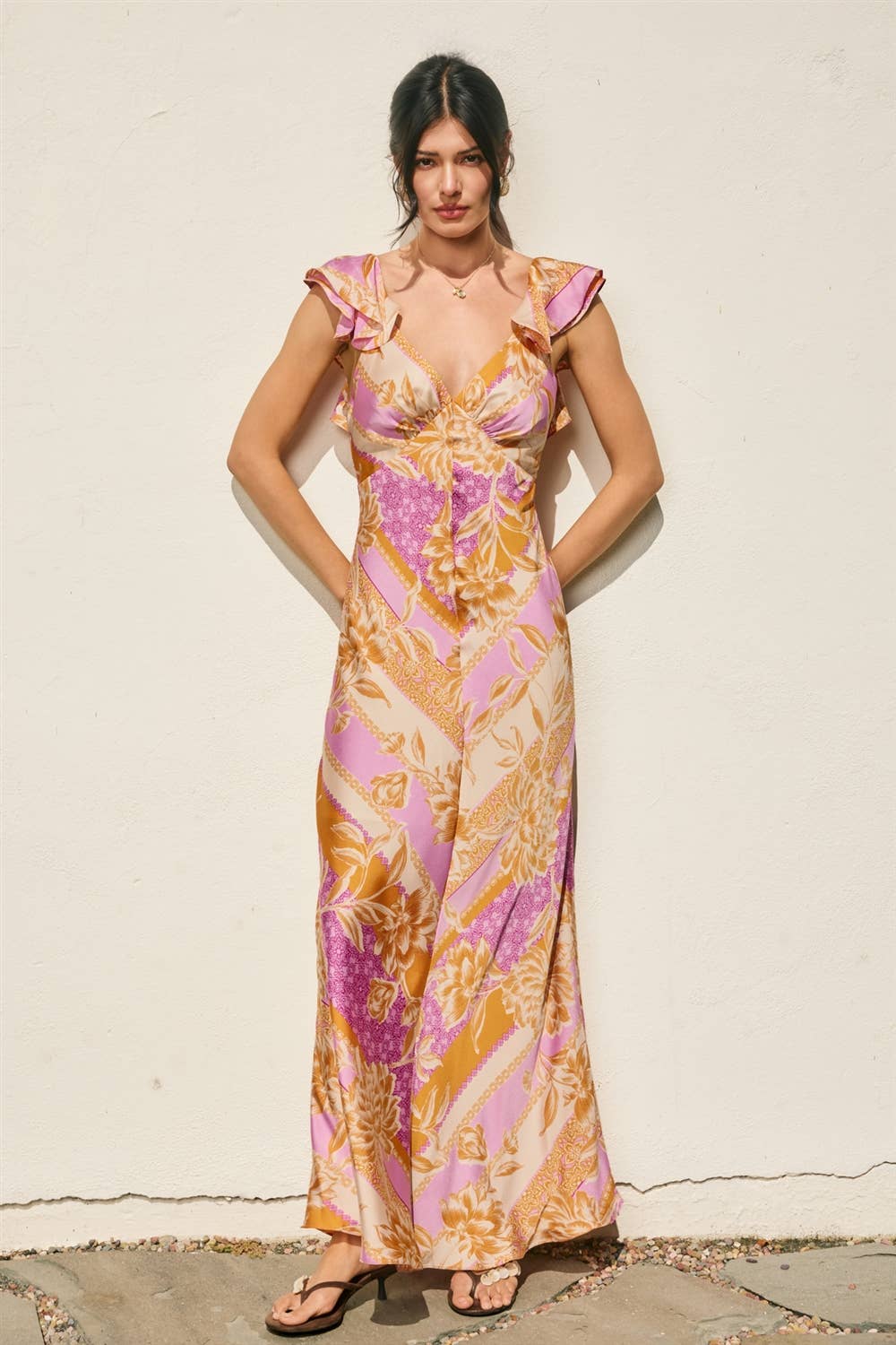 Floral Scarf Flutter Open Back Maxi Dress