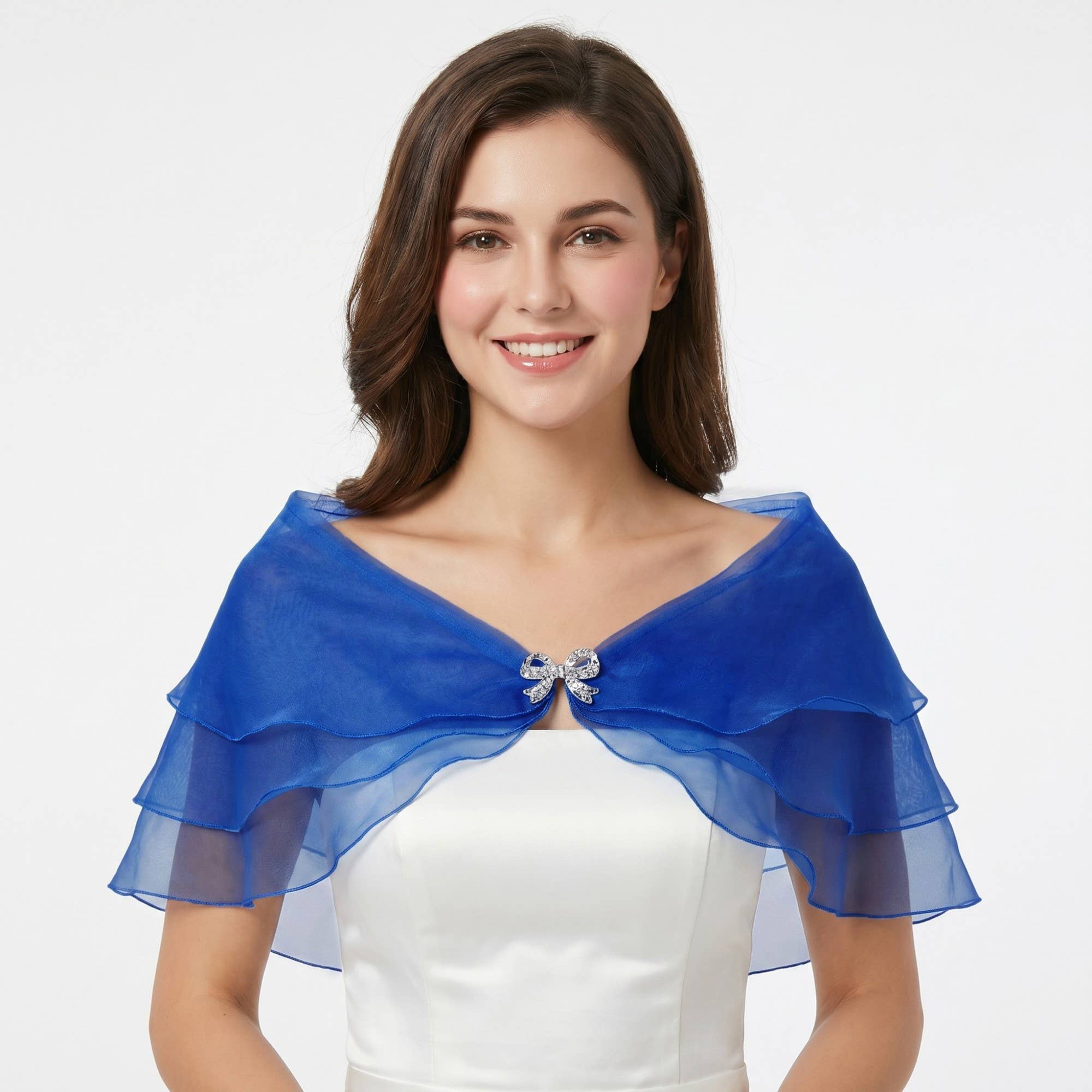 Sheer Organza Shoulder Shawl with Layered Ruffle Trim and Elegant Off-Shoulder Drape 14IN