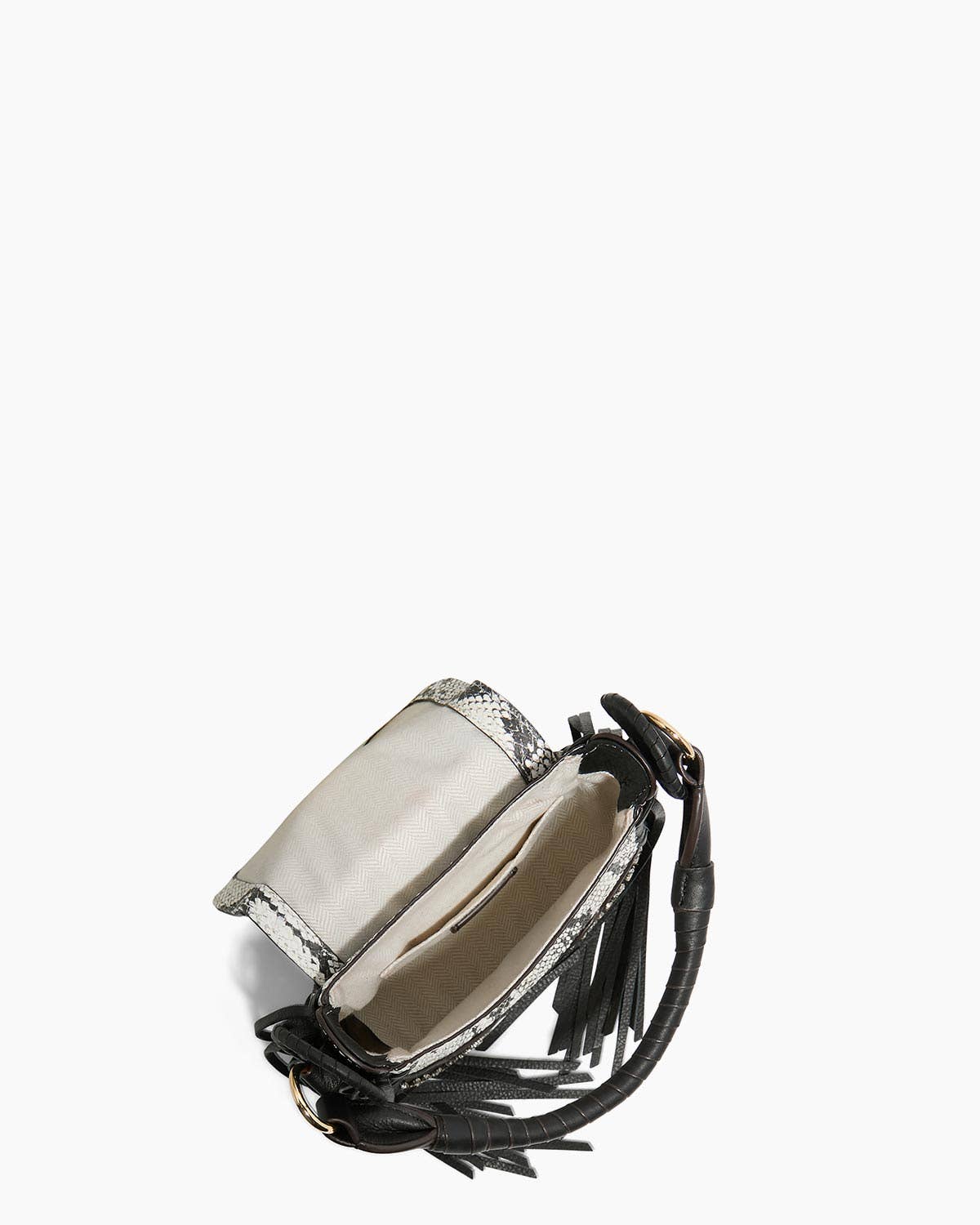 Willow Novelty Mini Crossbody open showing beige interior and black strap with fringe detail on white background