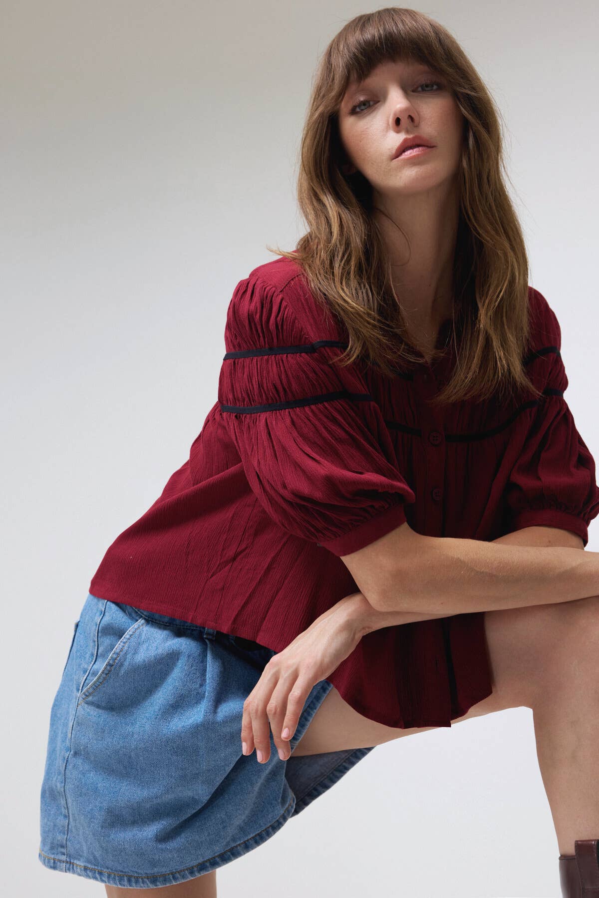 Textured Pleated Button-Down Blouse