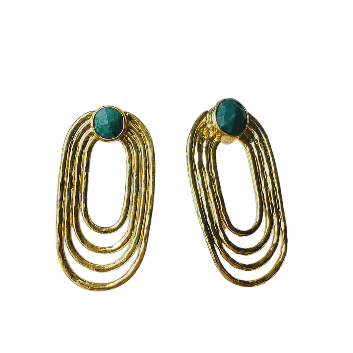 Jude Emerald Oval Earrings with layered gold tone loops and faceted green stones
