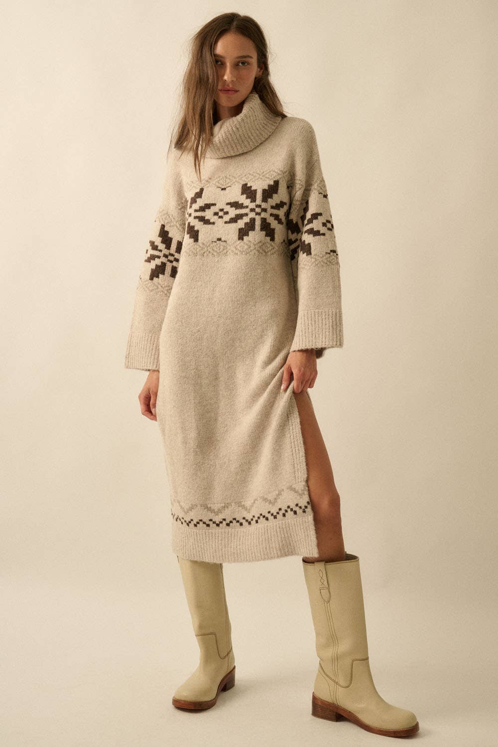 Alpine Snowflake Knit Cowl-Neck Midi Sweater Dress