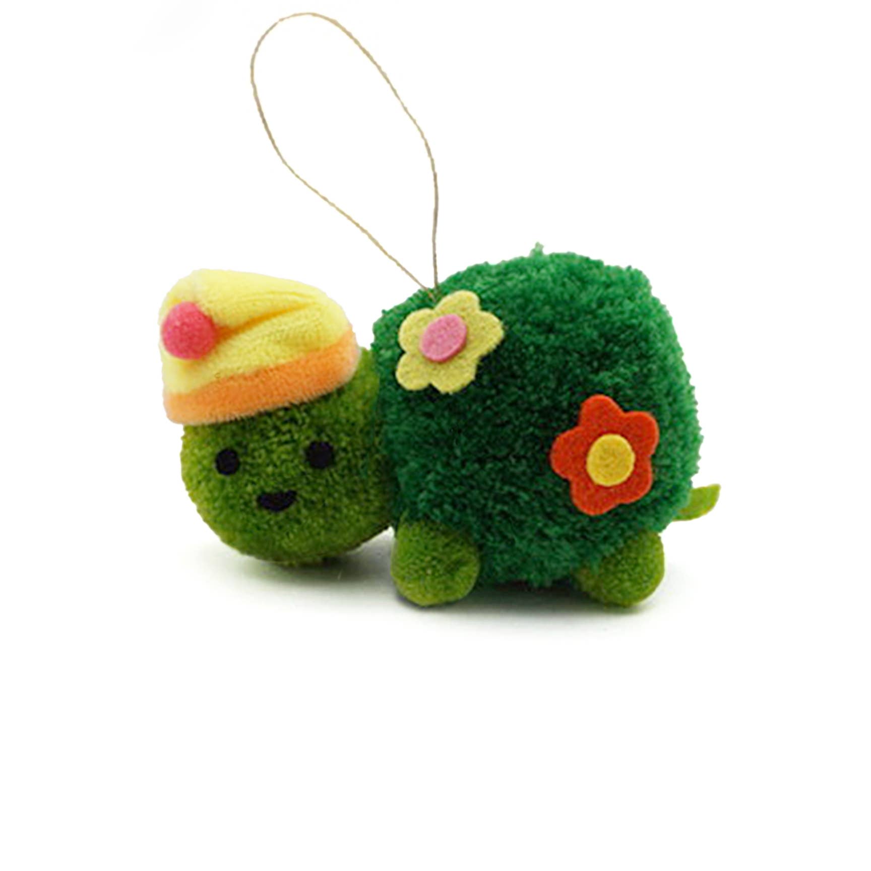 Sleepy Turtle Pom Pom Ornament with a yellow hat and colorful flower decorations hanging by a string for cheerful decor.