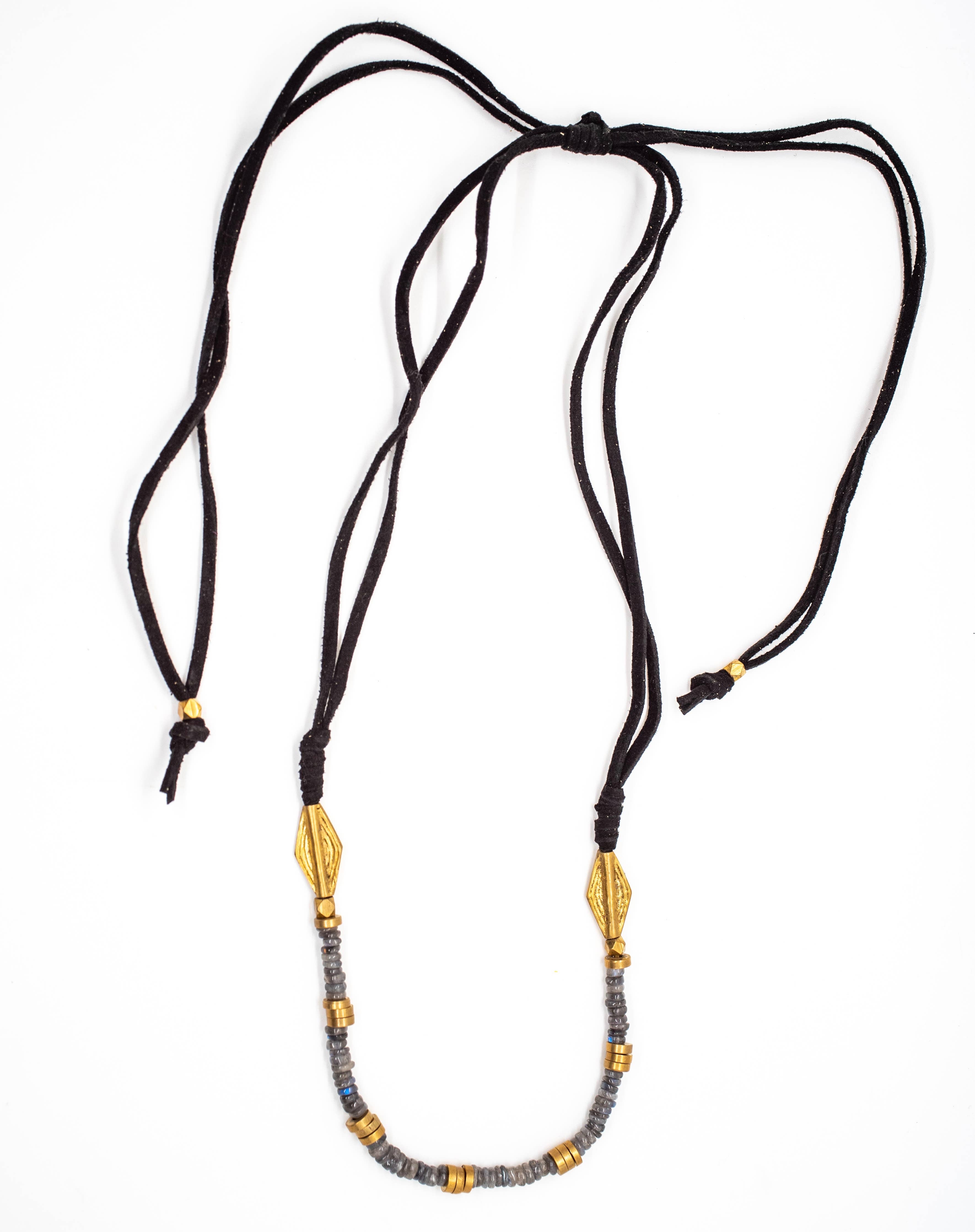 Stone & Leather Necklace with black cord, gold-tone accents, and small grey beads in a minimalist boho style design