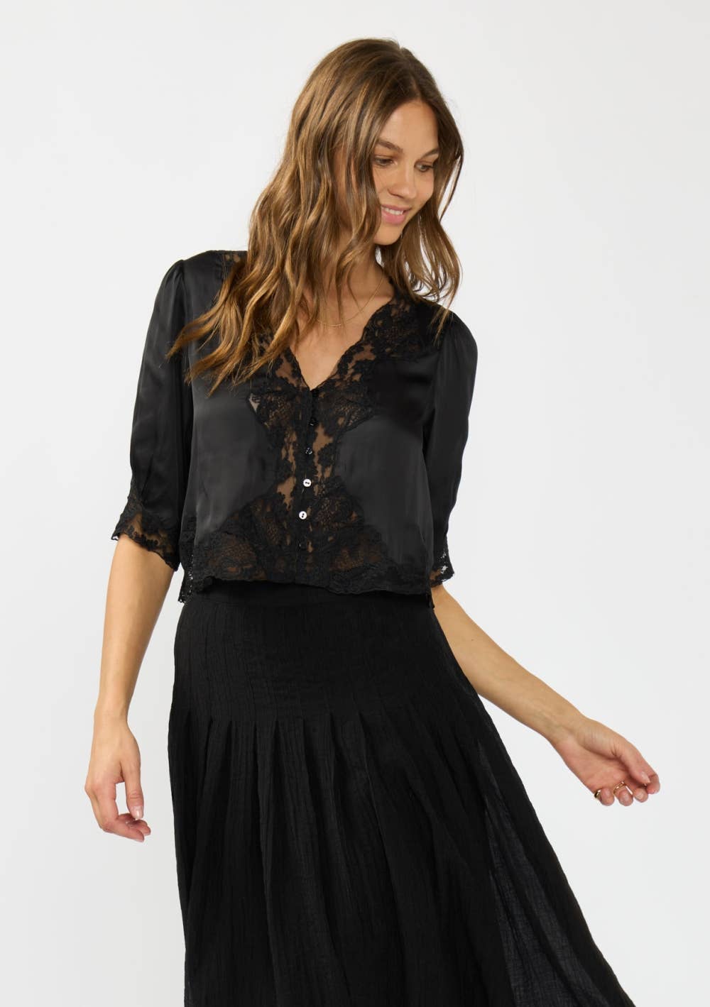 V-Neck Button Front Blouse with Lace Trim
