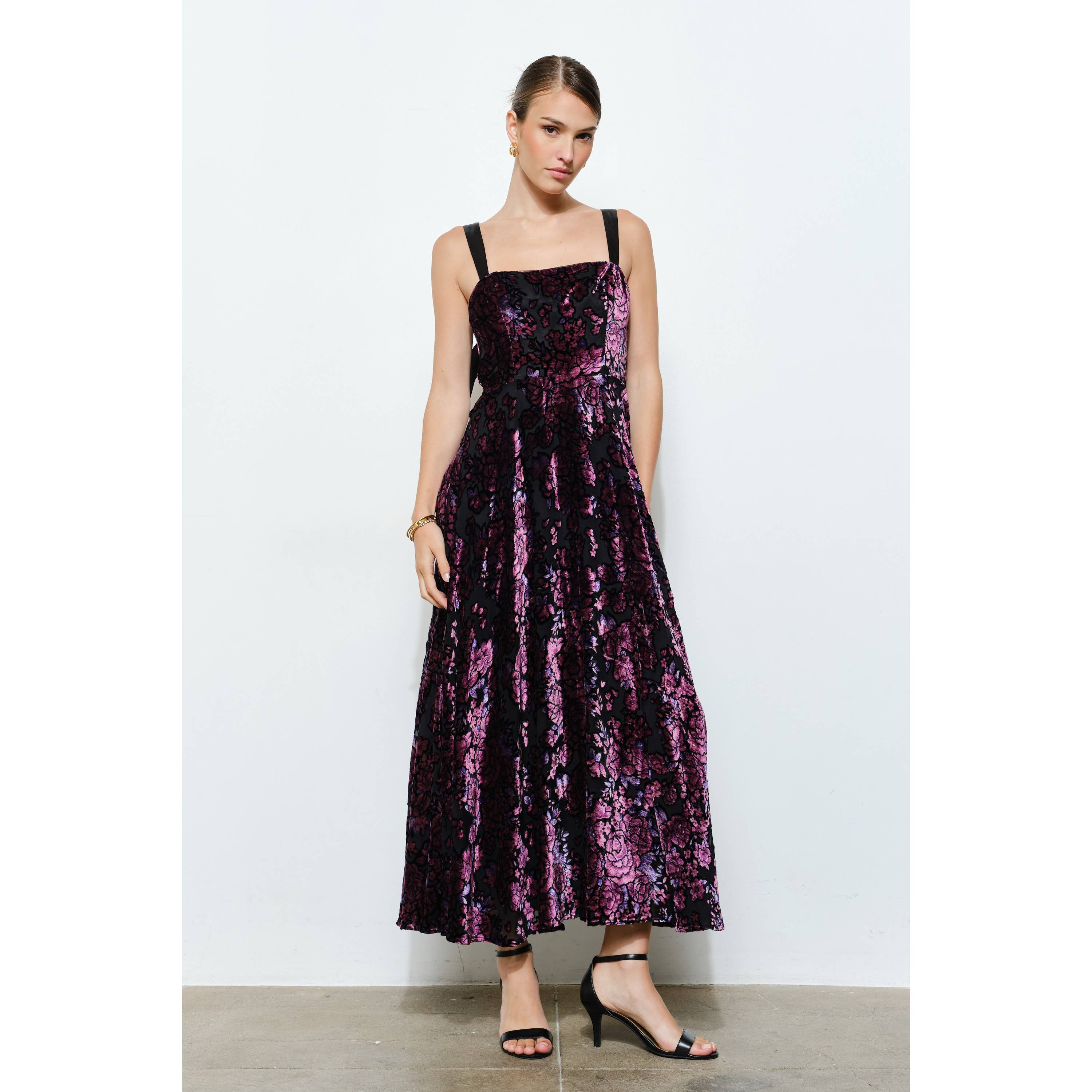 Velvet Floral Bow-Back A-Line Maxi Dress