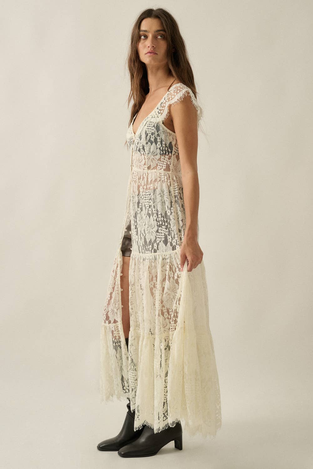 Sheer Floral Lace Button-Front Tiered-Ruffle Maxi Top