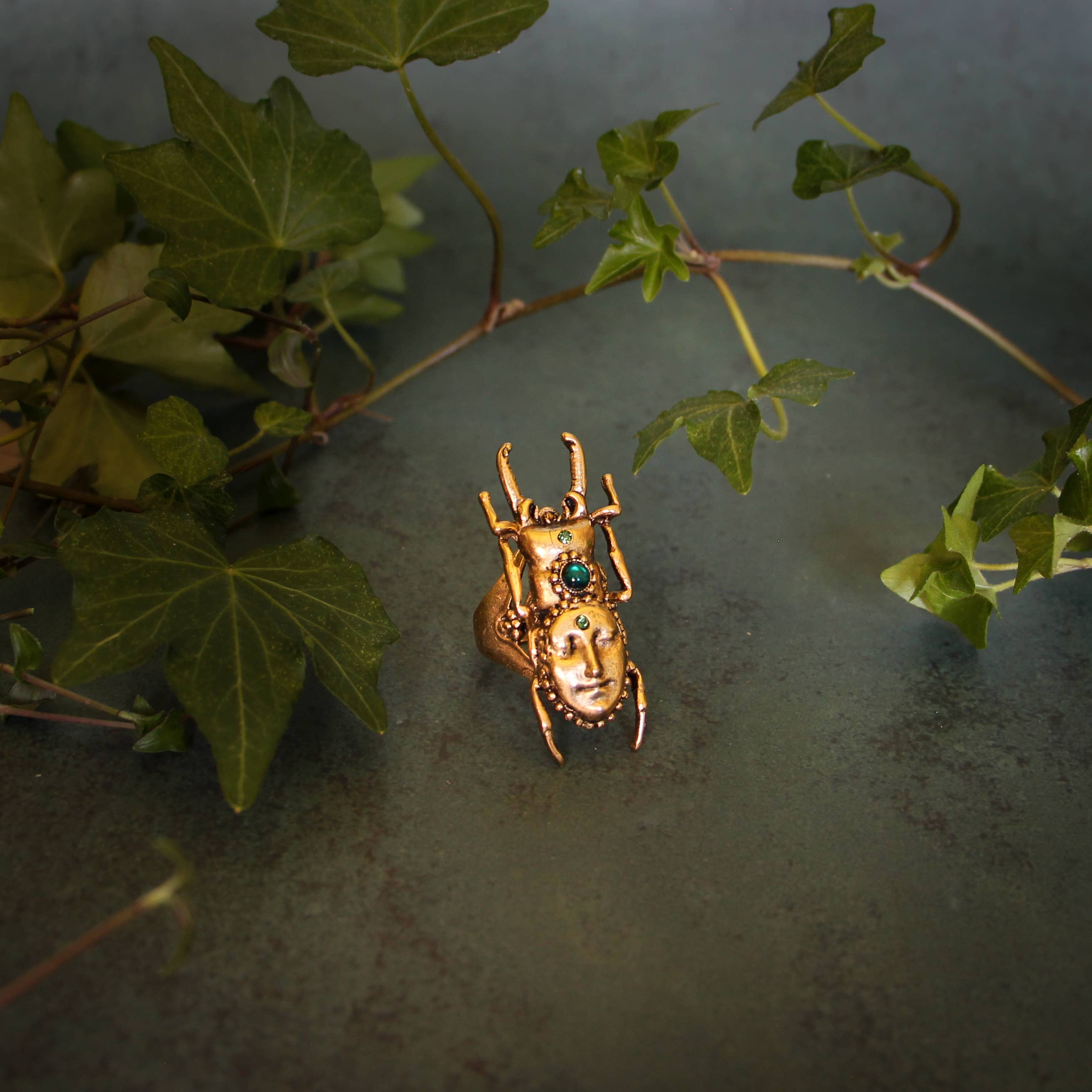 Hidden Magic Stag Beetle Ring with an antique brass finish and turquoise stone detail on a rustic green surface