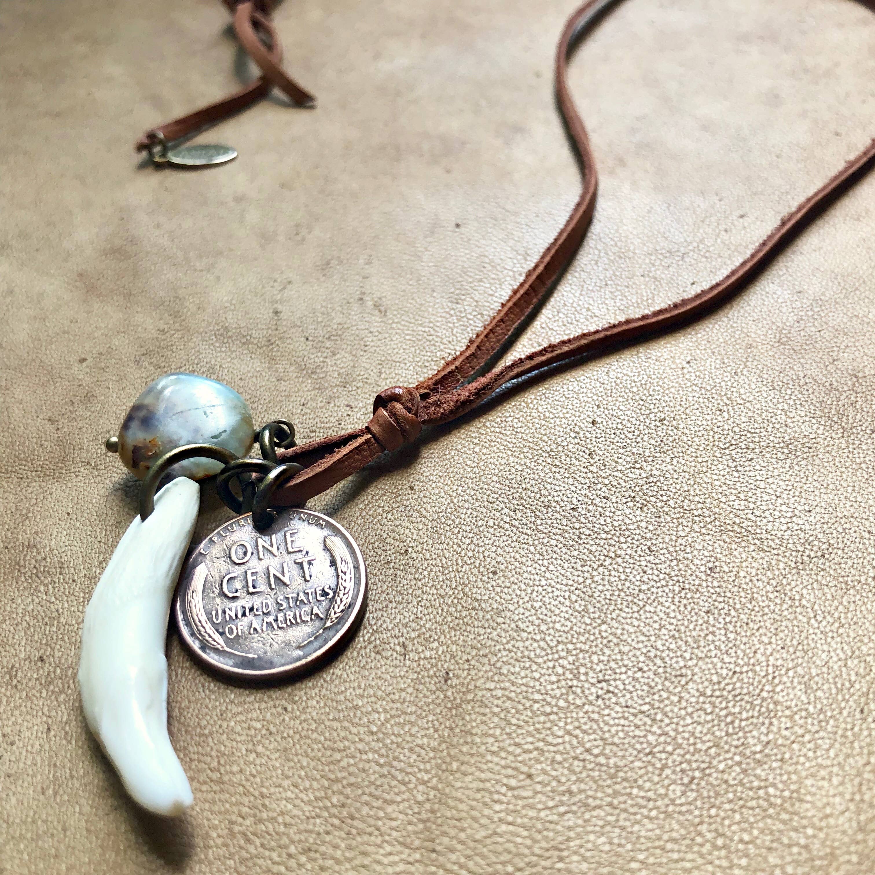 Coyote Tooth & Blue Opal Necklace, Wheat Penny, Rust Leather
