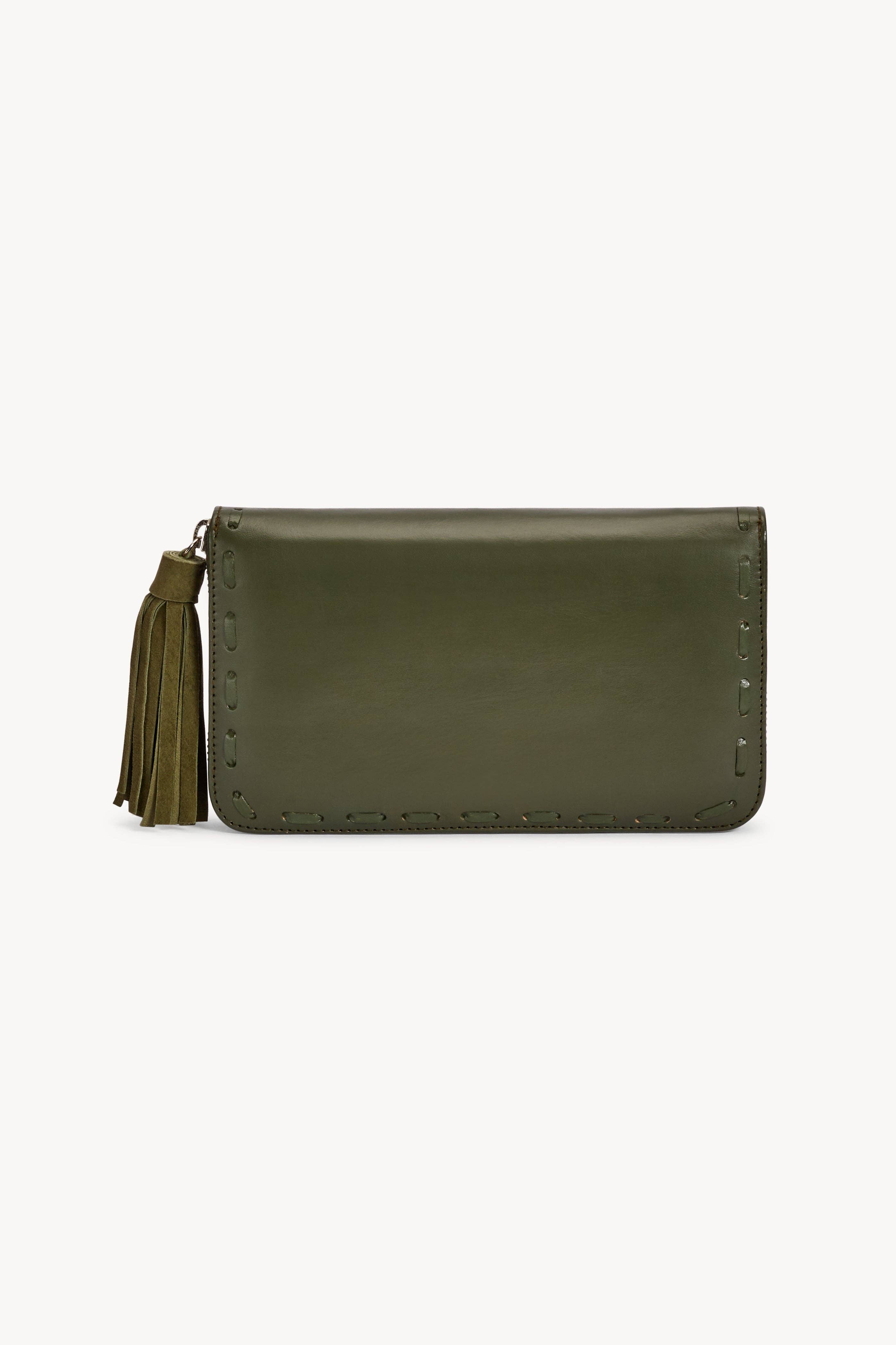 The Akaroa Rose Wallet Olive by Jodi Lee is a hand-tooled leather wallet in olive green with stitched edges, a large matching tassel on the zipper, and a sleek rectangular design with a smooth finish.