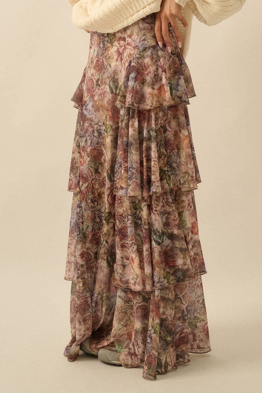Floral-Print Mesh Tiered Side-Ruffle Maxi Skirt