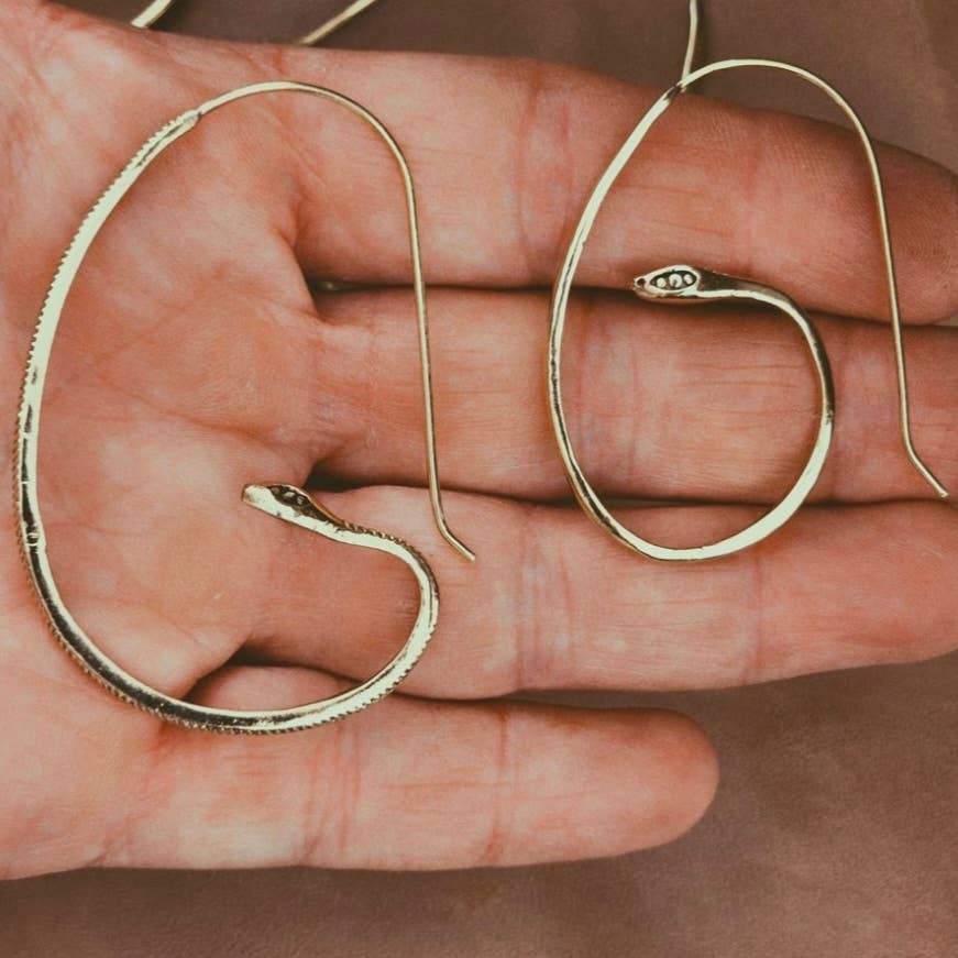 Brass snake serpent hoop earrings small handcrafted