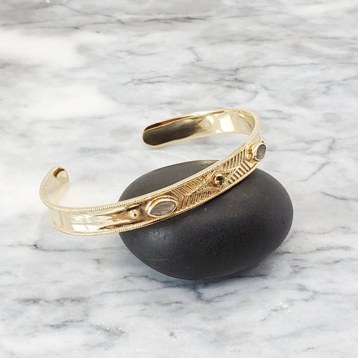 Labradorite and Tourmaline Decorated Cuff in Brass