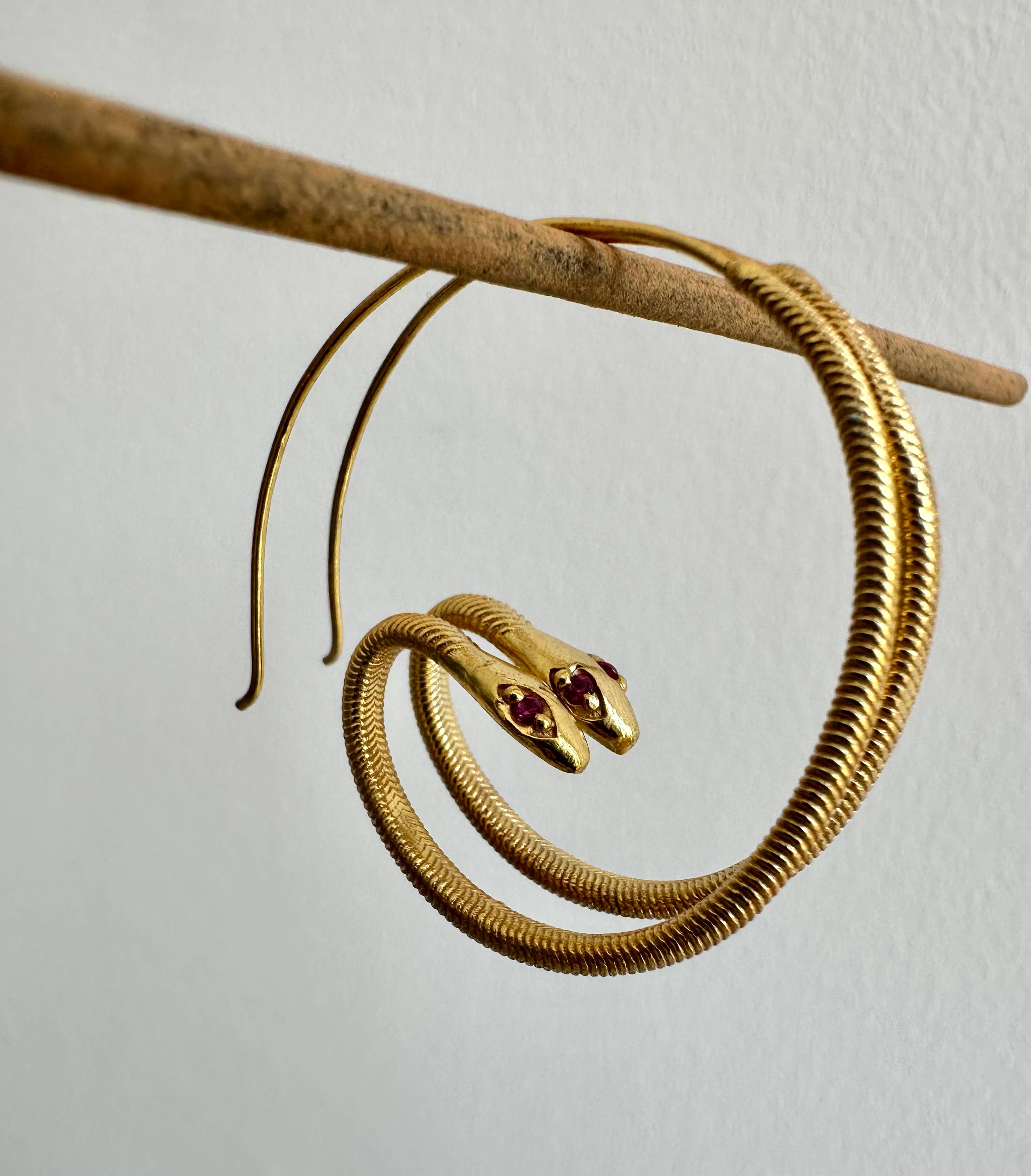 Pink Zircon Eyes Gold Baby Snake Hoop Earrings