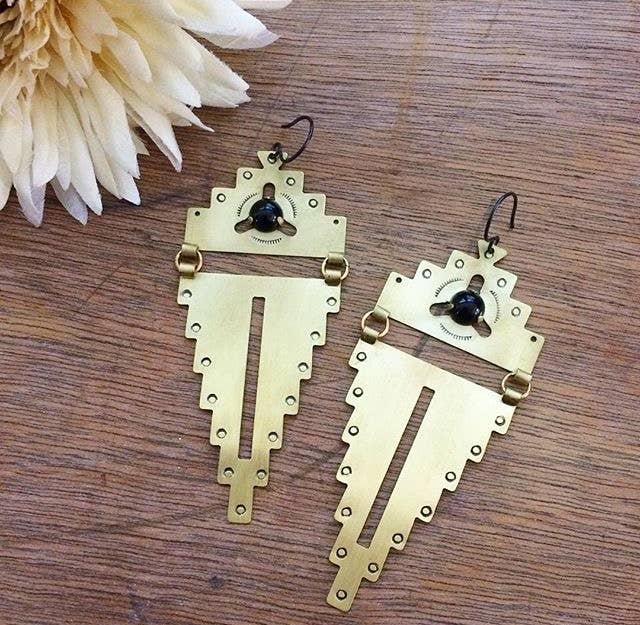 Stamped Brass Geometric Earrings w/ Prong Set Stone
