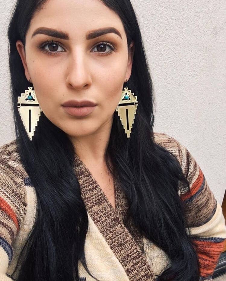 Stamped Brass Geometric Earrings w/ Prong Set Stone