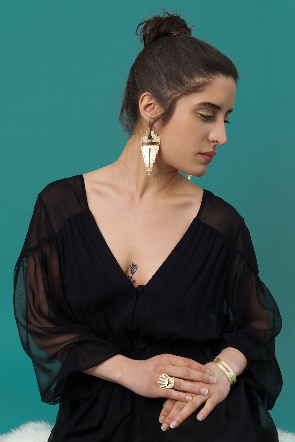 Stamped Brass Geometric Earrings w/ Prong Set Stone