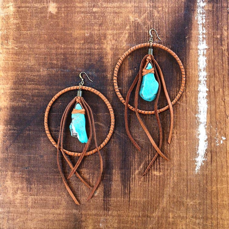 Leather Hoops - Turquoise & Rust, Leather & Stone Earrings
