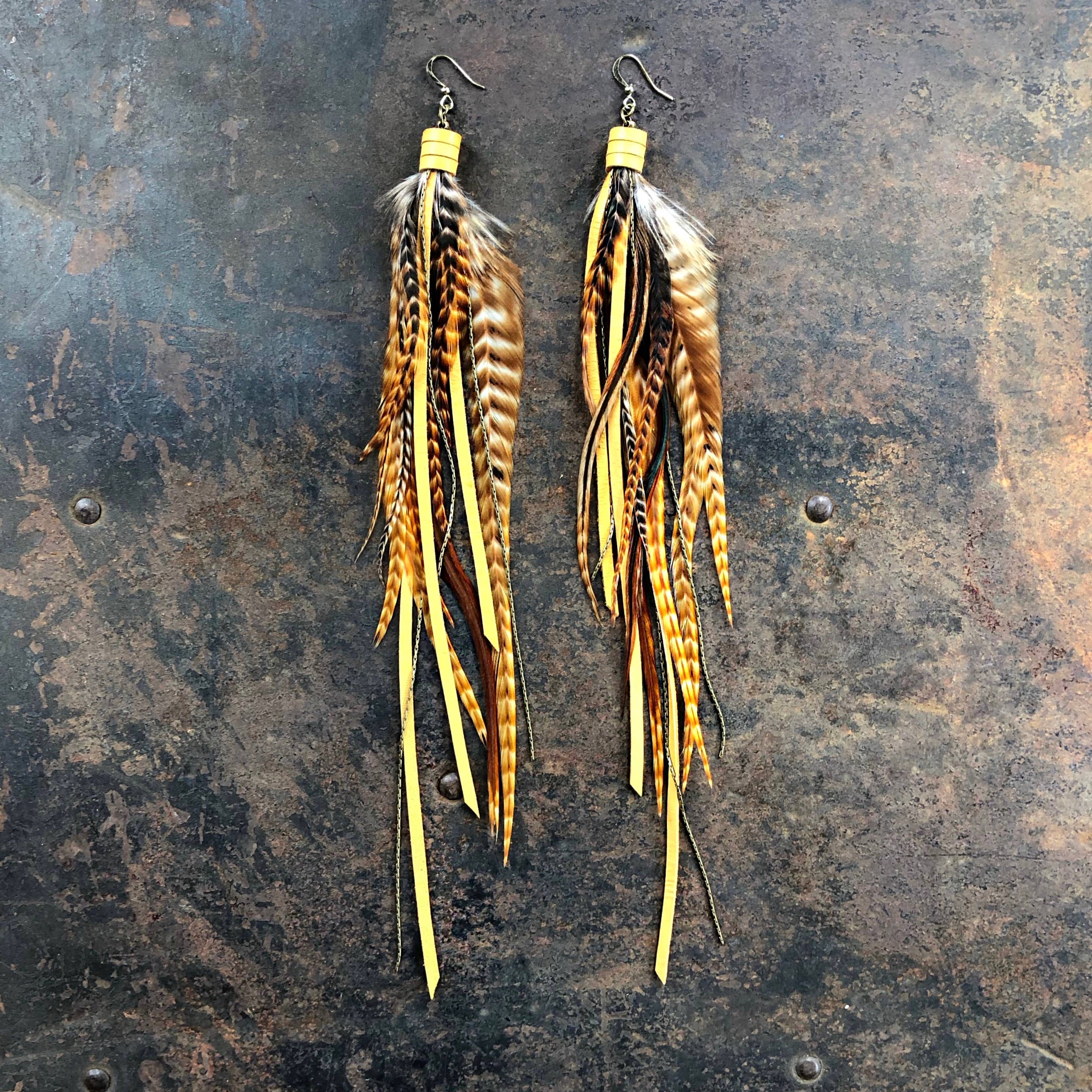 Pirate Feather Earrings - Cree & Gold, Boho Western Style