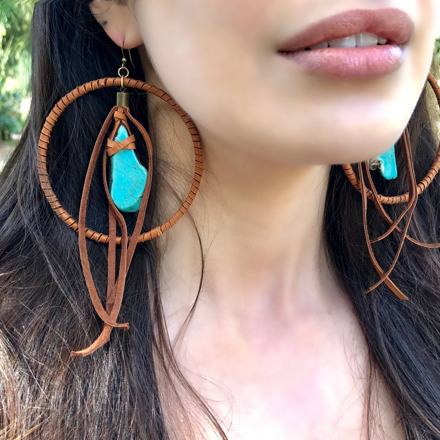 Leather Hoops - Turquoise & Rust, Leather & Stone Earrings