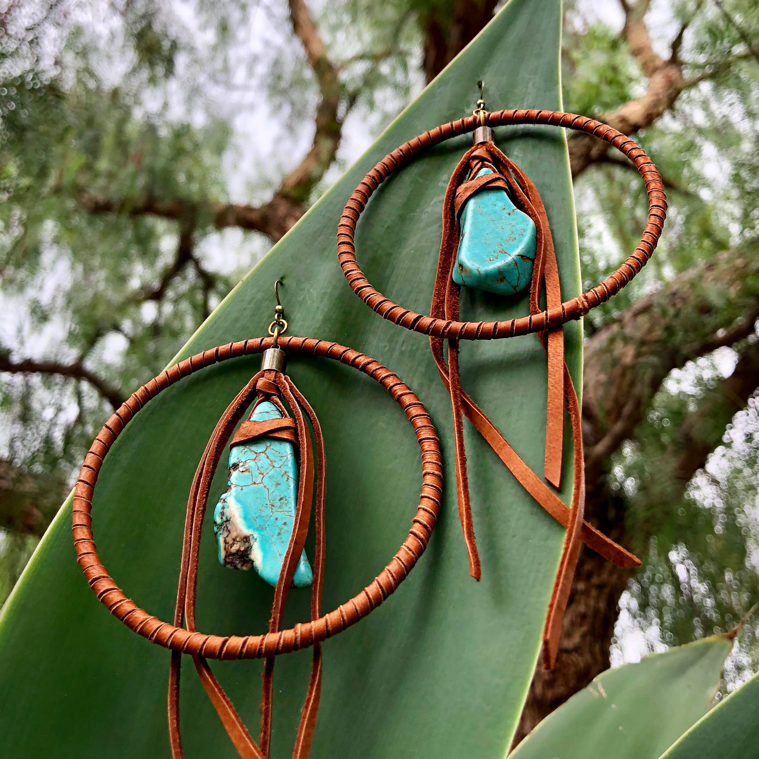 Leather Hoops - Turquoise & Rust, Leather & Stone Earrings