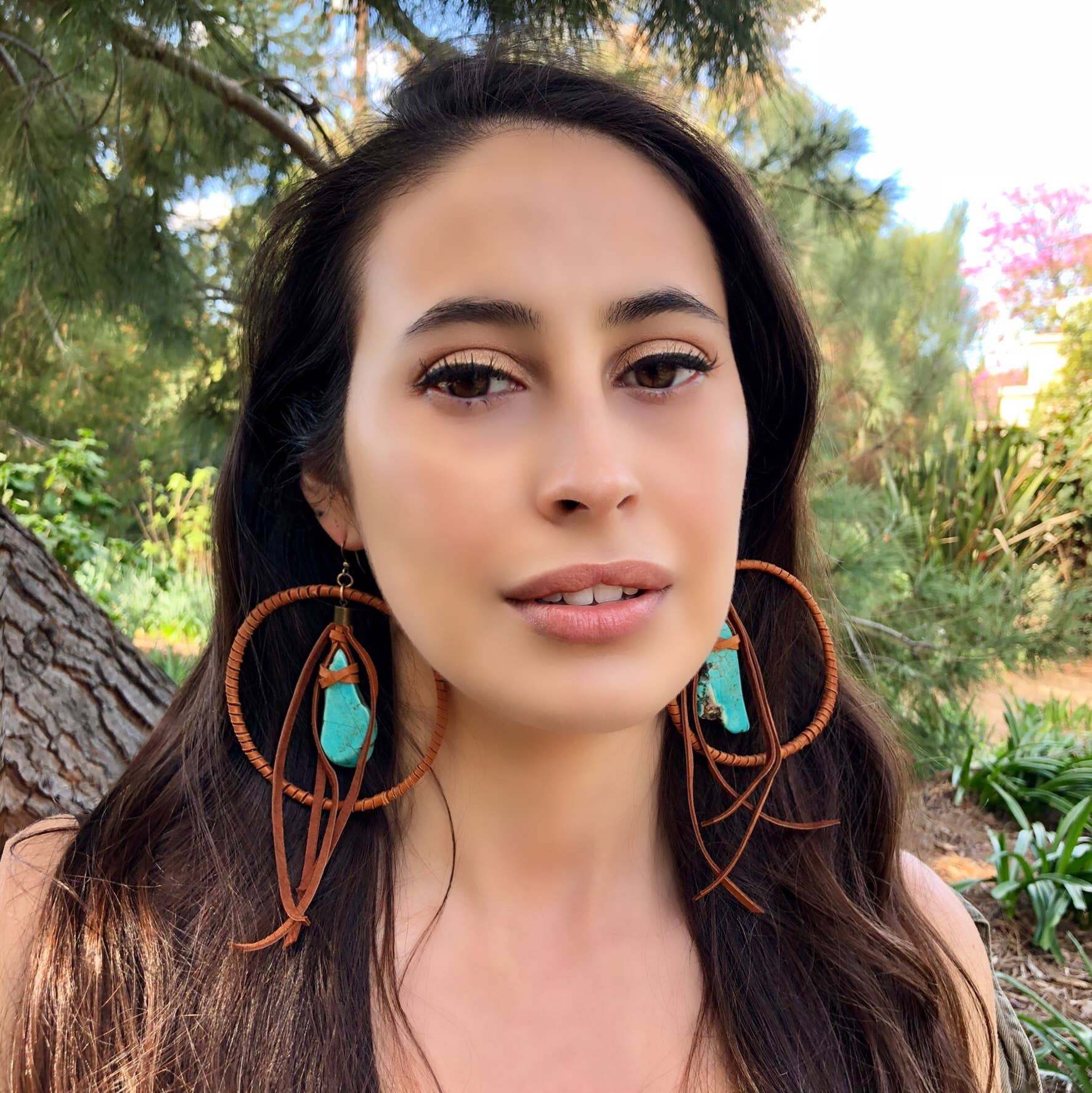 Leather Hoops - Turquoise & Rust, Leather & Stone Earrings