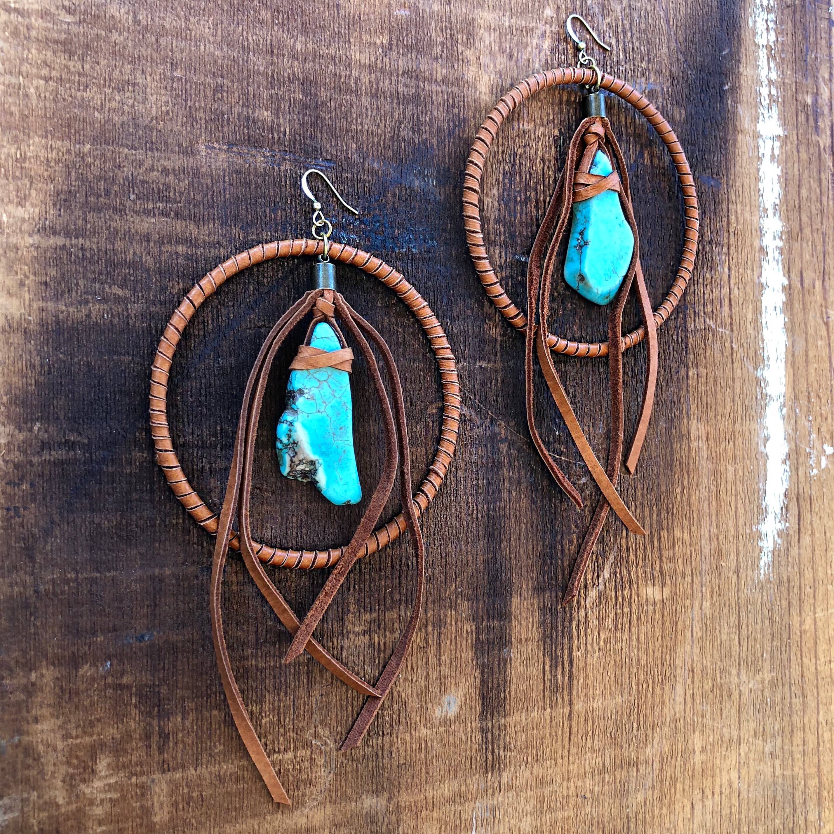 Leather Hoops - Turquoise & Rust, Leather & Stone Earrings