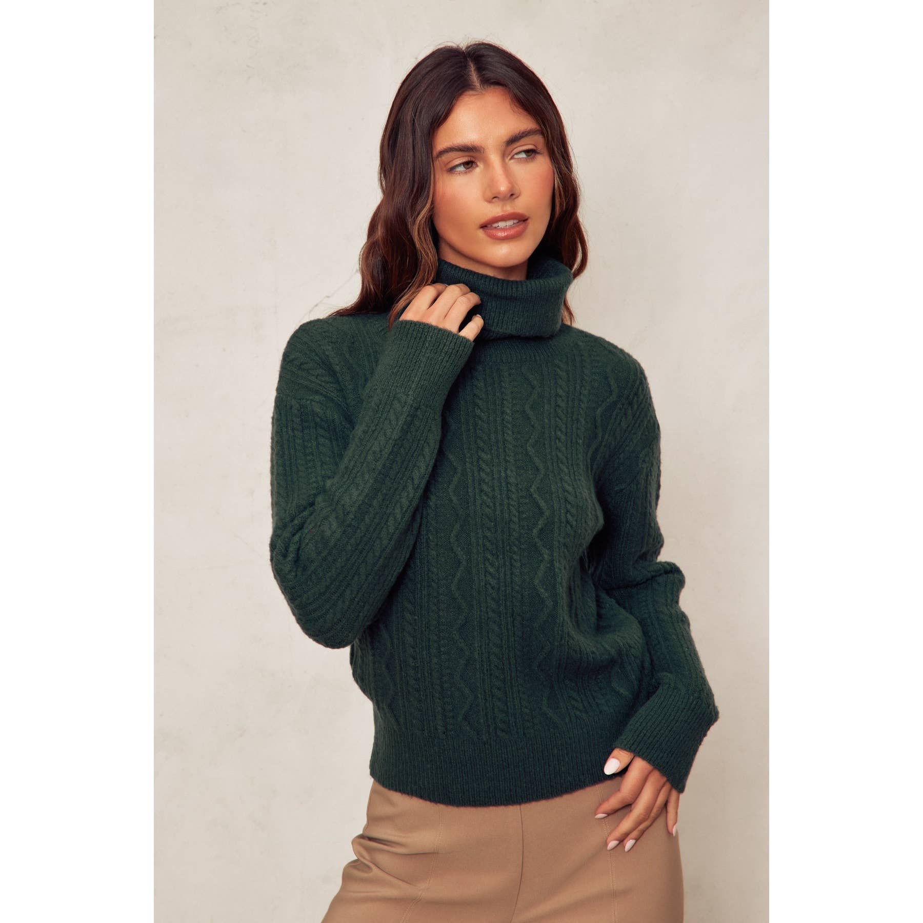 Fluffy Cable Detail Turtle Neck Sweater in Hunter Green