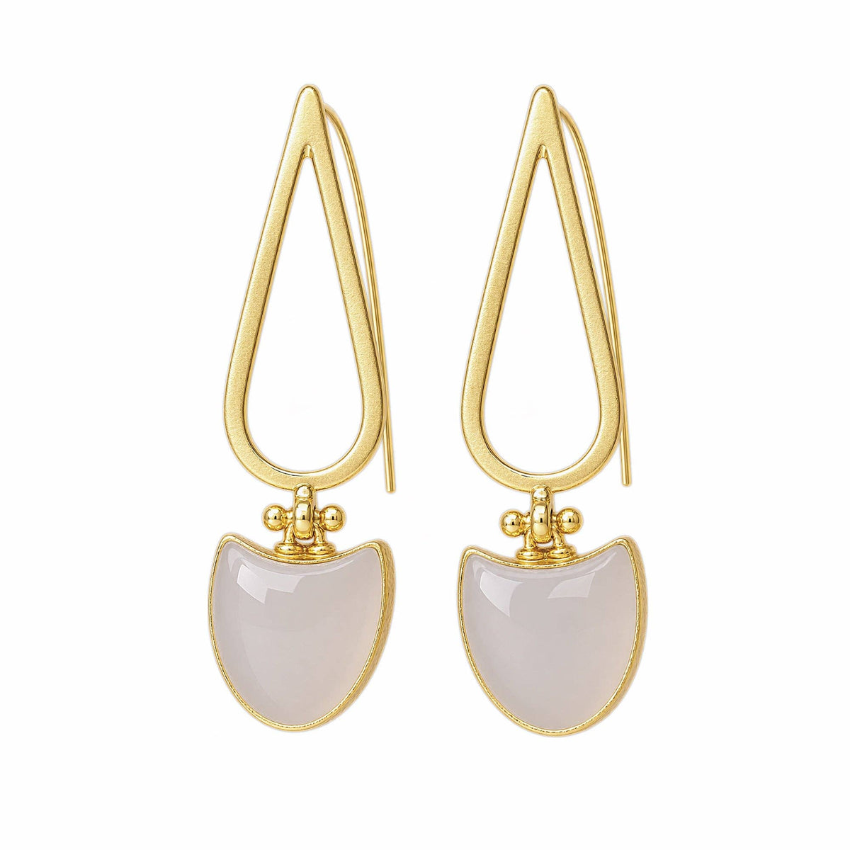 Melek Earrings with gold toned teardrop hoops and polished white stone pendants