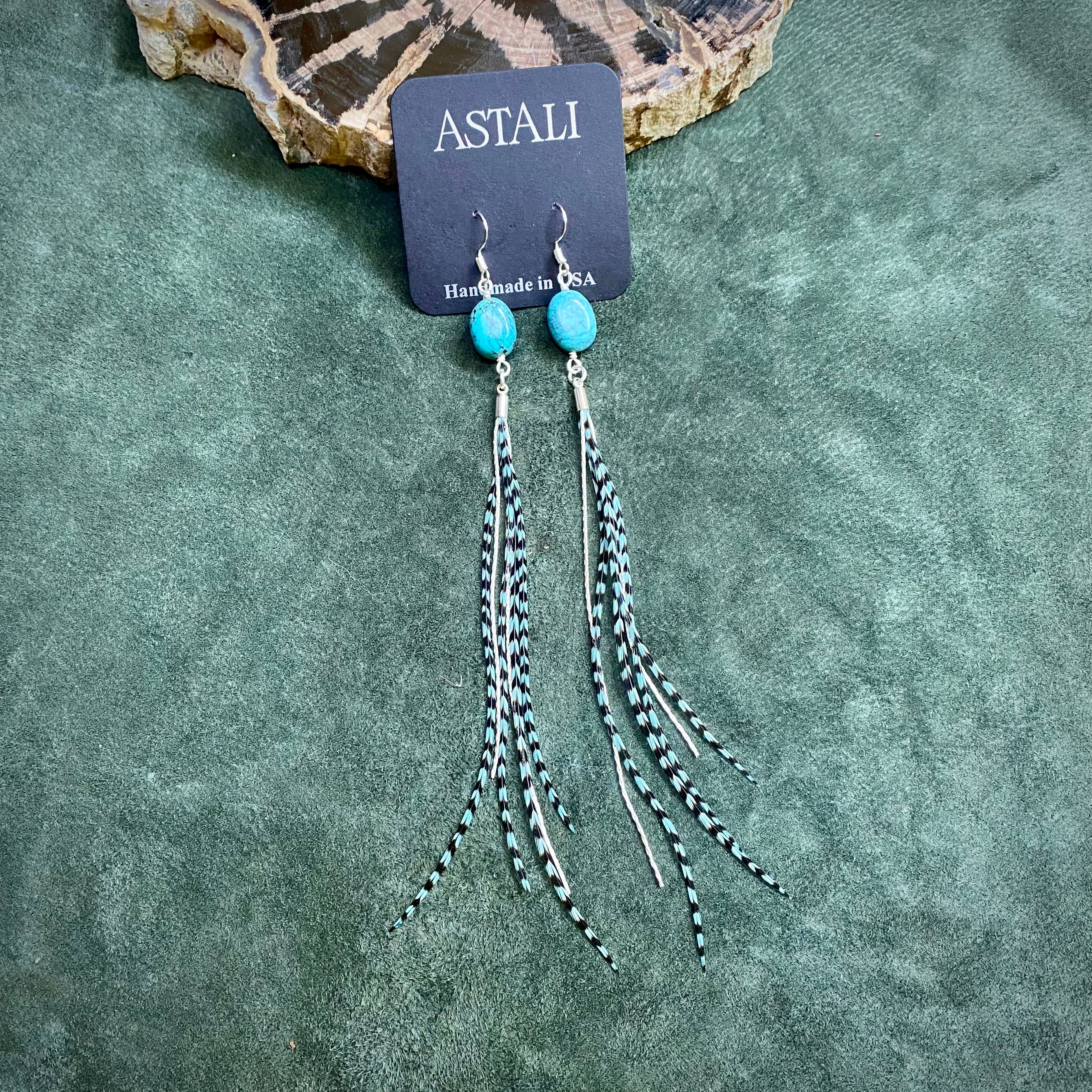 Turquoise & Mini Feather Earrings - Teal Grizzly/Silver
